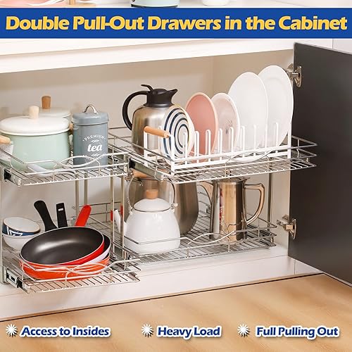 Miniatura 3 de Organizador de armario extraíble de 2 niveles (14 pulgadas de ancho x 21 pulgadas de profundidad), cesta deslizante individual para armario de