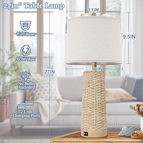 Miniatura 5 de Juego de 2 lámparas de mesa de ratán grandes de mimbre de 27 pulgadas con puertos de carga USB duales, lámparas de noche bohemias para mesita de