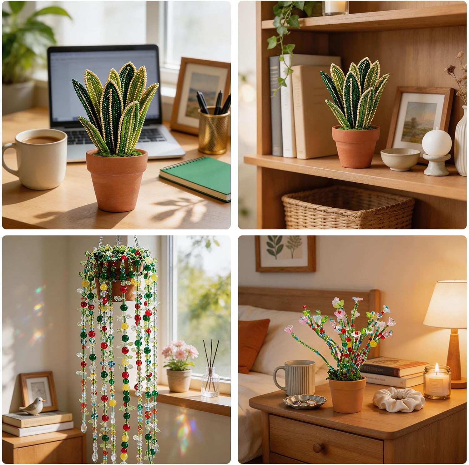 Aurevita Beaded Plant Kit, 8400Pcs Green Glass Beads Bulk for DIY Forever Plant with 3 Pots, Crystal Leaf Flower Seed Beads for Hanging Plant, Home Office Desk Decoration Suncatcher