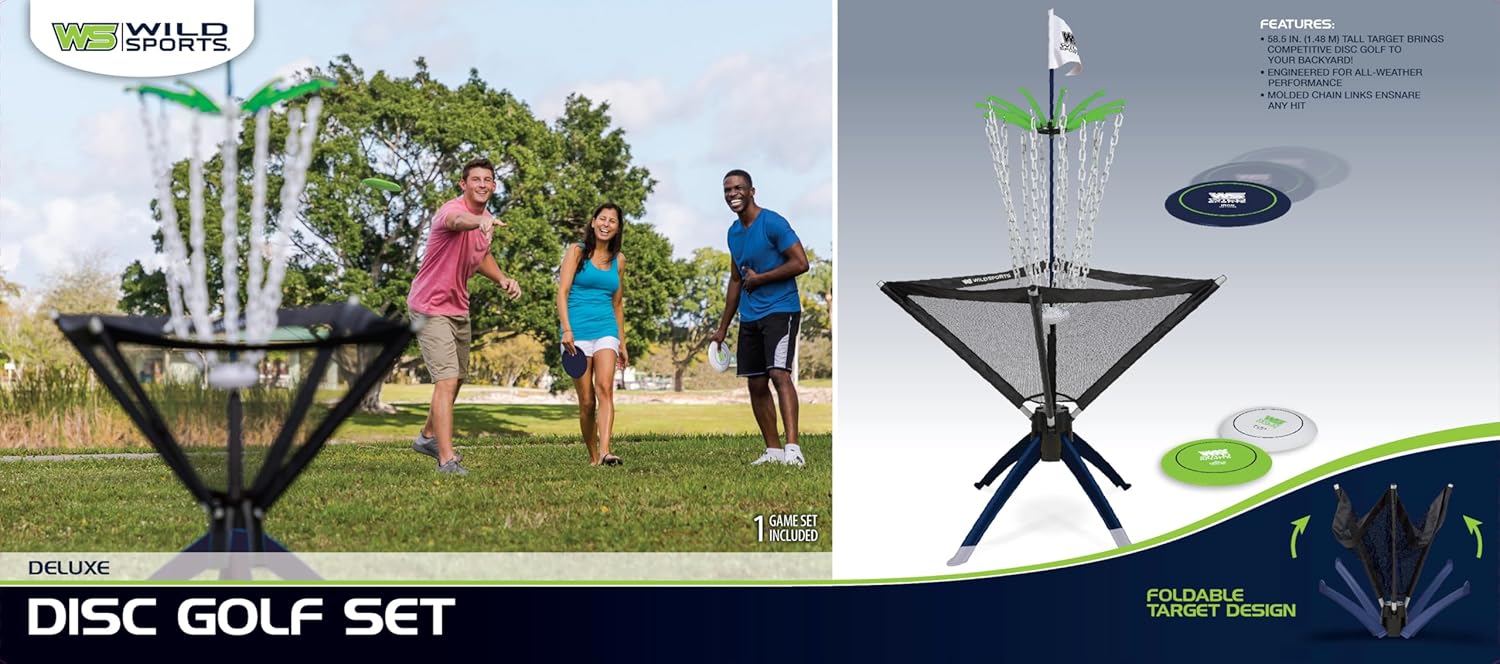Wild Sports Disc Golf Set - Black, 5 ft Tall - All-Weather Basket - Portable Disc Golf Basket - Includes 3 Throwers & Carry Bag