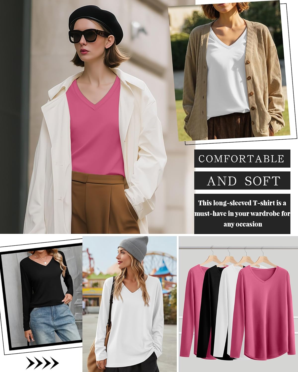 Ficerd 3 Pack Women's Long Sleeve Shirts, V Neck Cotton Blend Tops Loose Fit Casual T-Shirts Curved Hem Basic Layering Tees - Image 5