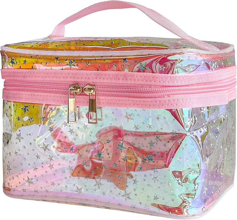 Necessaire TotePrint de PVC com Estampa de Estrelas Vermelhas e Alça, Fechamento com Zíper, 22 cm x 14 cm x 14 cm, Red Star-L