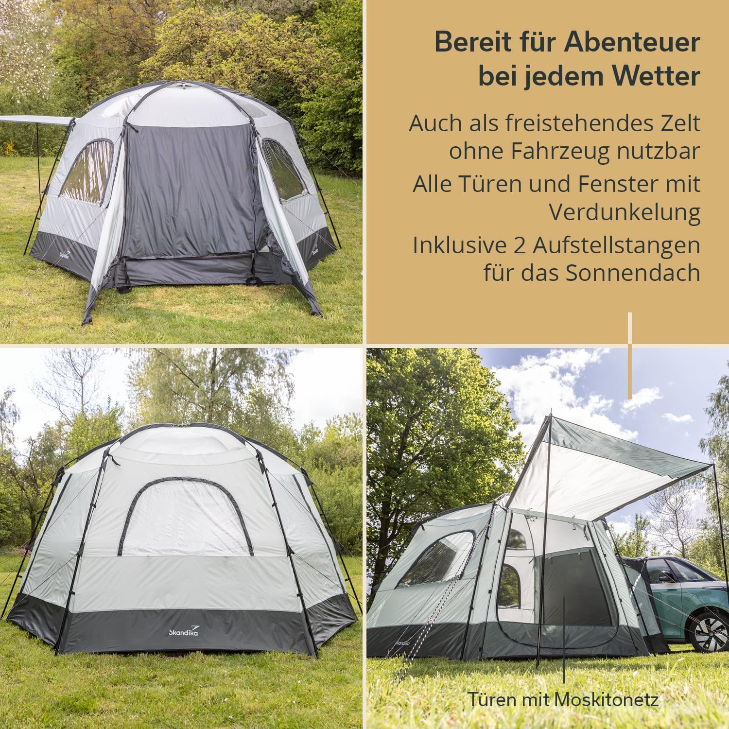 Skandika Busvorzelt Pitea Dome Protect | Freistehend, 2-4 Personen, Stehhöhe 2,2 m, 10,4 m² Wohnbereich, 3 Eingänge, Folienfenster, Moskitonetz, 3000 mm Wassersäule | Zelt für Auto, Bus, Van, Bulli
