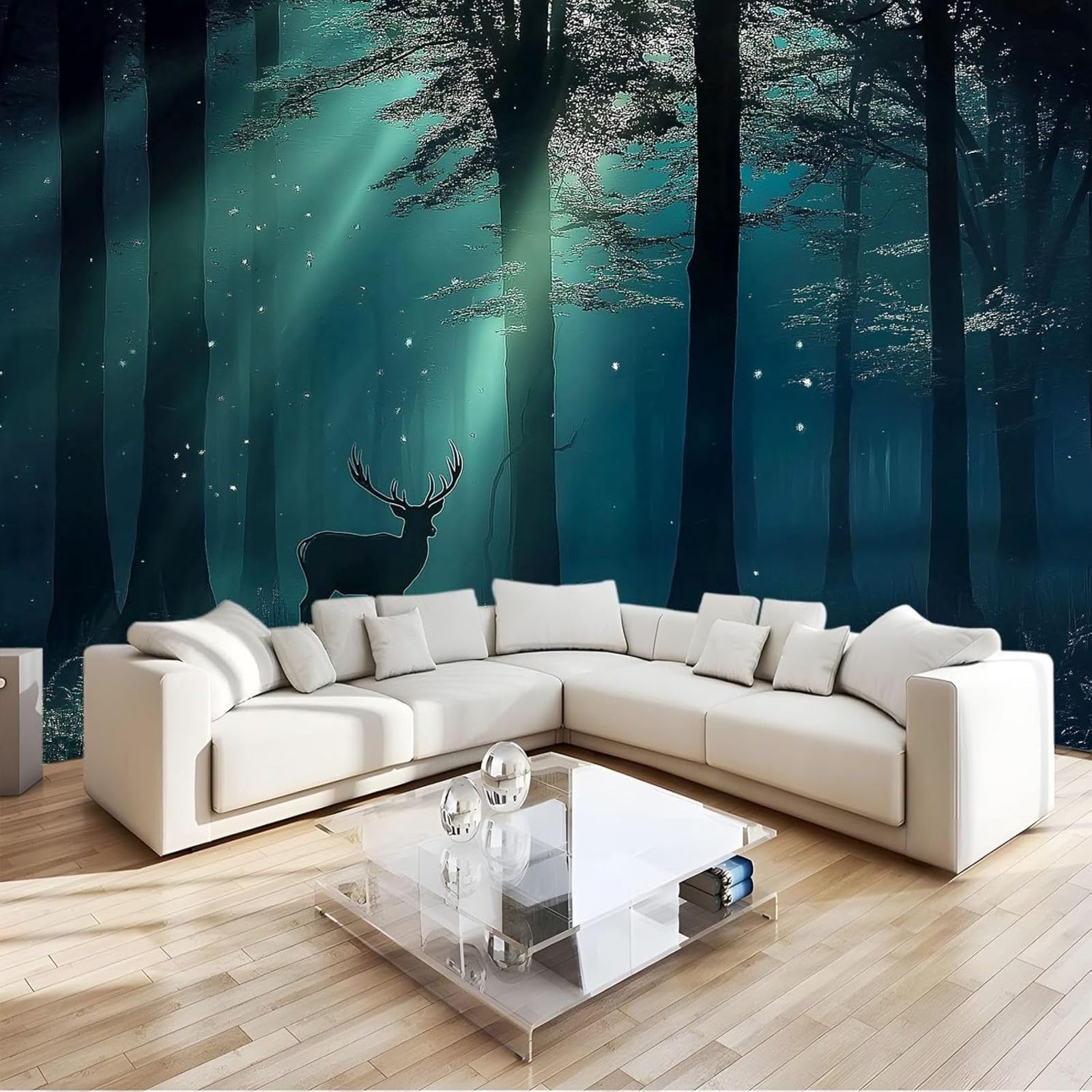 hgjdjhnf Photo Wallpaper Forest Moonlight Deer wall Covering Modern wall Decor Design wall Decoration Living Room Bedroom, Teal, 300cm x 210cm