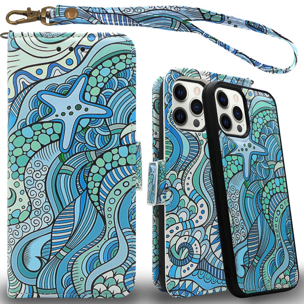 Mefon Wallet Case for iPhone 12 | 12 Pro 6.1", Magnetic Detachable, Wireless Charging Compatible, with Tempered Glass and Wrist Strap, Leather Folio Flip Cases for iPhone 12 & 12 Pro (Starfish Ocean)