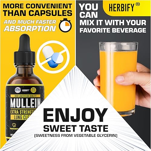 Miniatura 6 de HERBIFY Mullein Drops - Limpieza pulmonar - Extracto de hoja - Potente gordolobo para apoyo inmunológico, desintoxicación y apoyo respiratorio