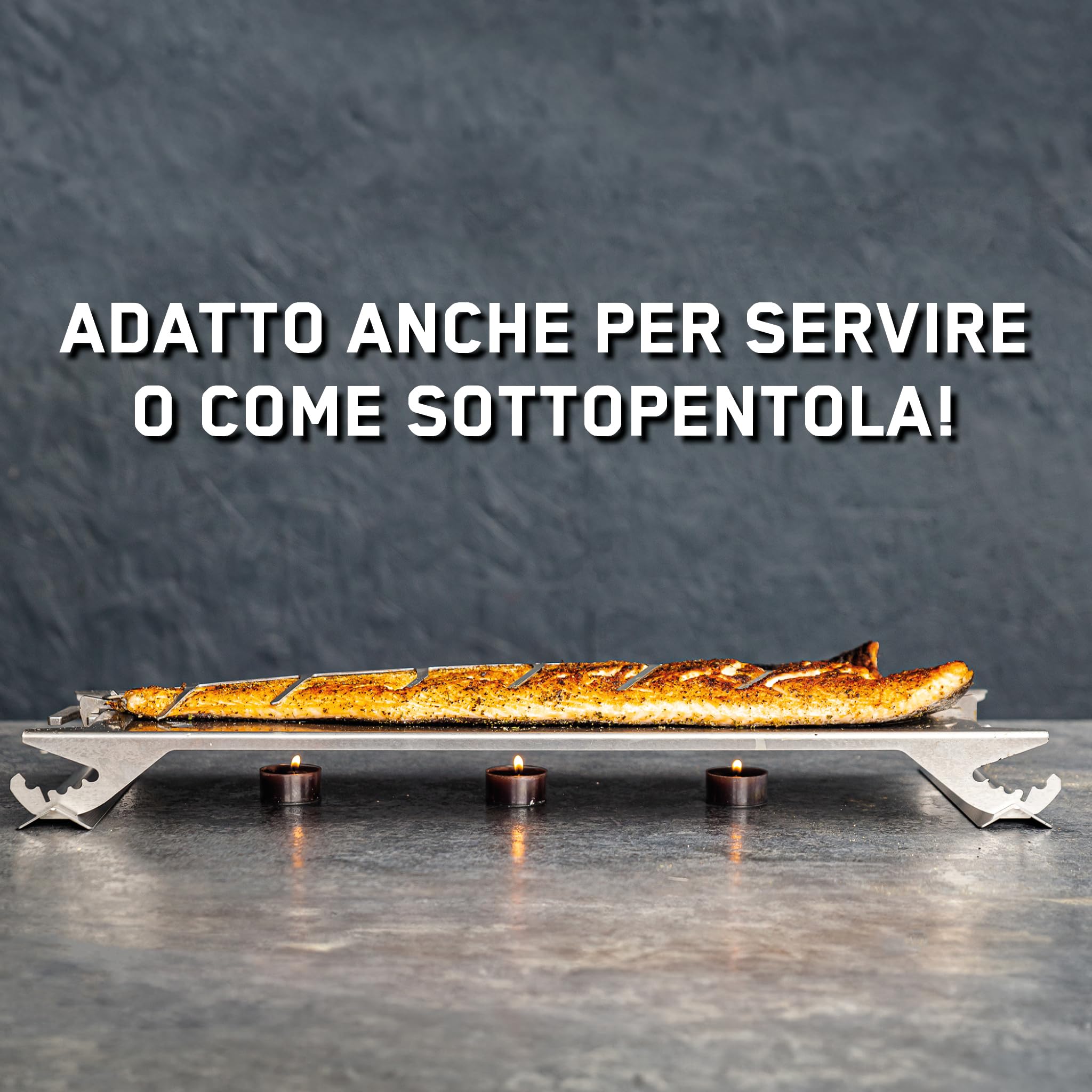 FENNEK Supporto per Salmone in Acciaio Inox per braciere e Barbecue a Sfera, con Speciale meccanismo di serraggio, Perfetta Alternativa al Tagliere per Salmone di Fiamma, Made in Germany
