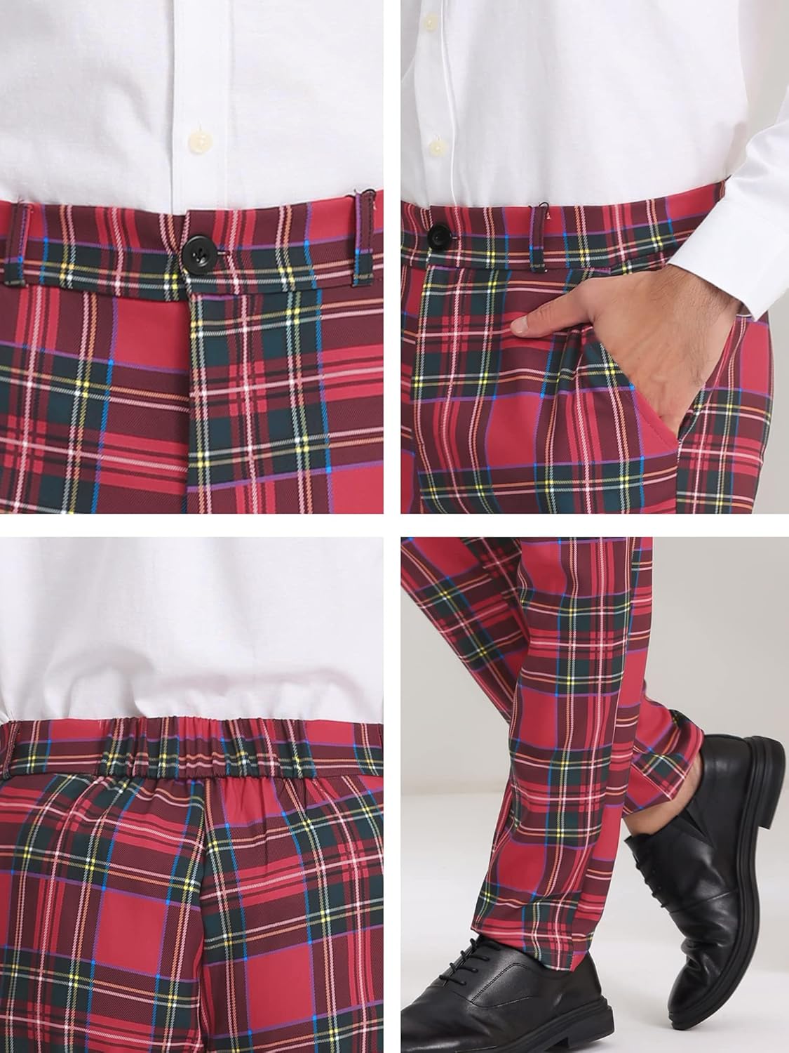 Lars Amadeus Men's Dress Plaid Pants Casual Regular Fit Flat Front Stretch Checked Trousers - Image 6