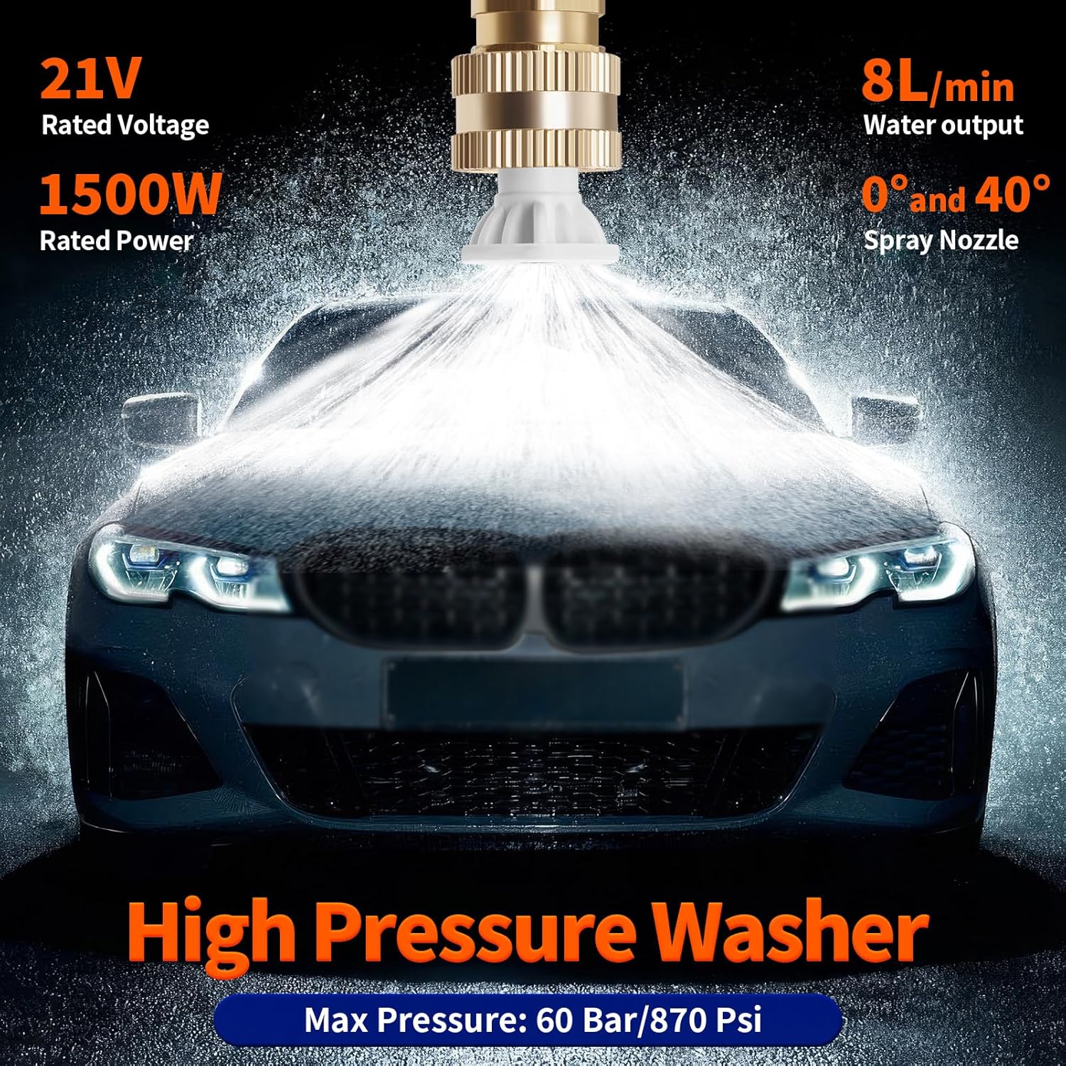 Cordless Pressure Washer, 1500W Portable Power Washer, Rechargeable Battery Pressure Washer with 5M Hose & 3 Nozzles, Electric Pressure Washers for Car Patio Garden Cleaning Watering