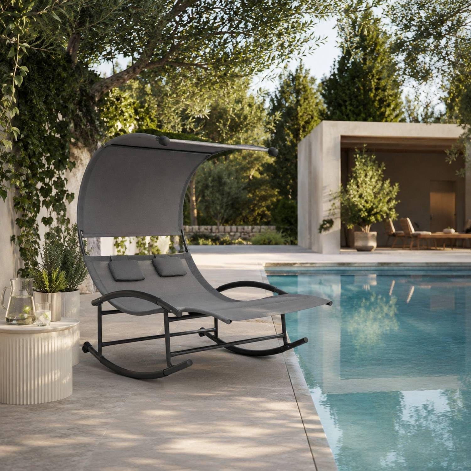 Lettino 2 Posti Dondolo Prendisole Con Parasole Integrato Design Ergonomico In Textilene Traspirante Struttura In Acciaio E Cuscini Ideale Per Giardino Piscina Outdoor 140x200x185 Cm Grigio