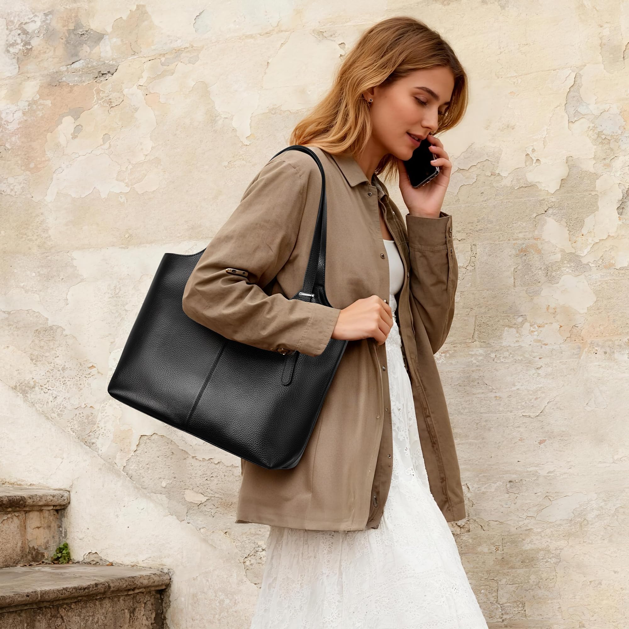befen Bolsos de mano de piel auténtica para mujer, de trabajo, bolsos de hombro de piel auténtica con correa ajustable