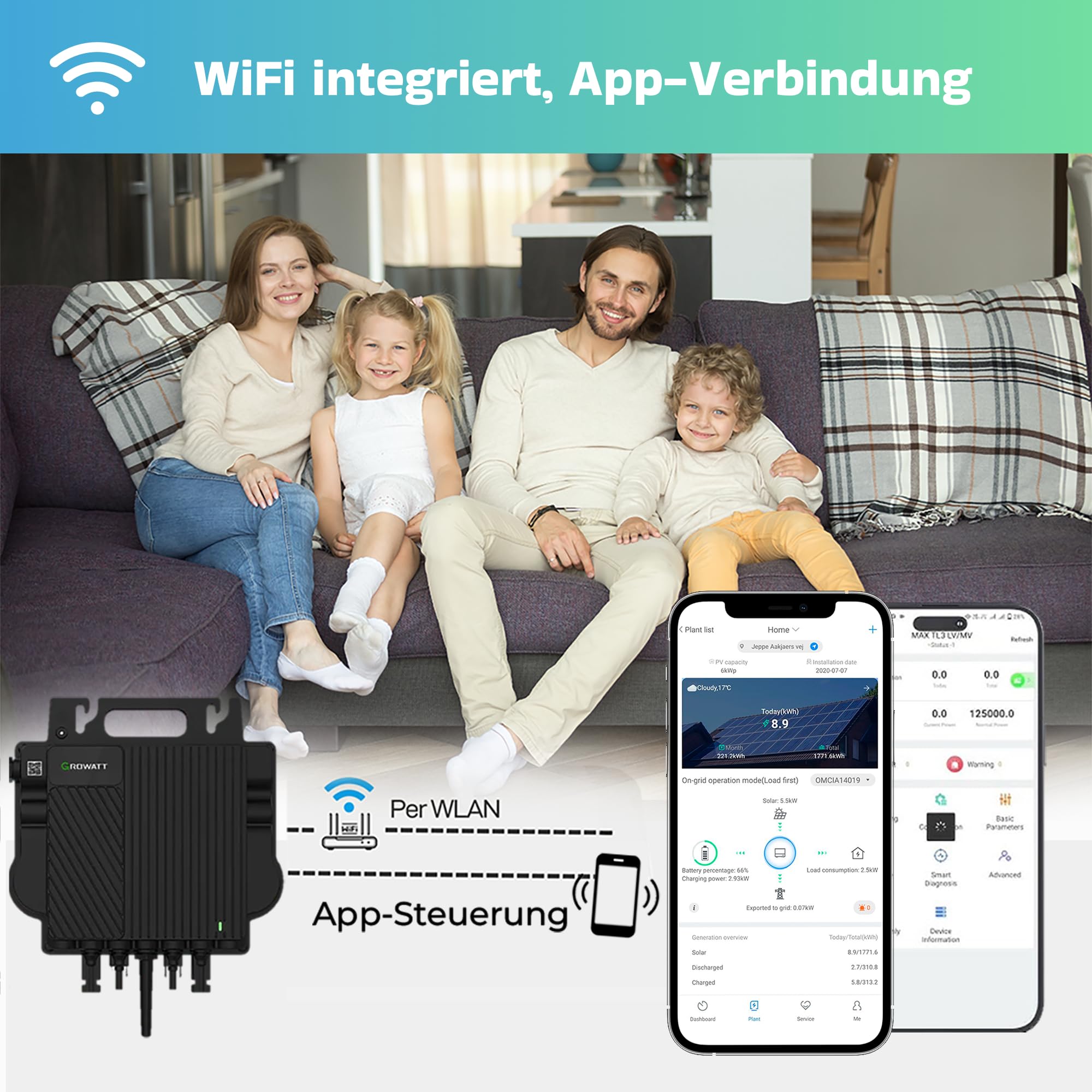 GROWATT Mikro-Wechselrichter 800 W NEO‑800M‑X für Balkonkraftwerk, IP67 wetterfest, Plug&Play Installation, 2 MPPT, WiFi Bluetooth, inkl.5m Anschlusskabel und 4x1m Solarkabel