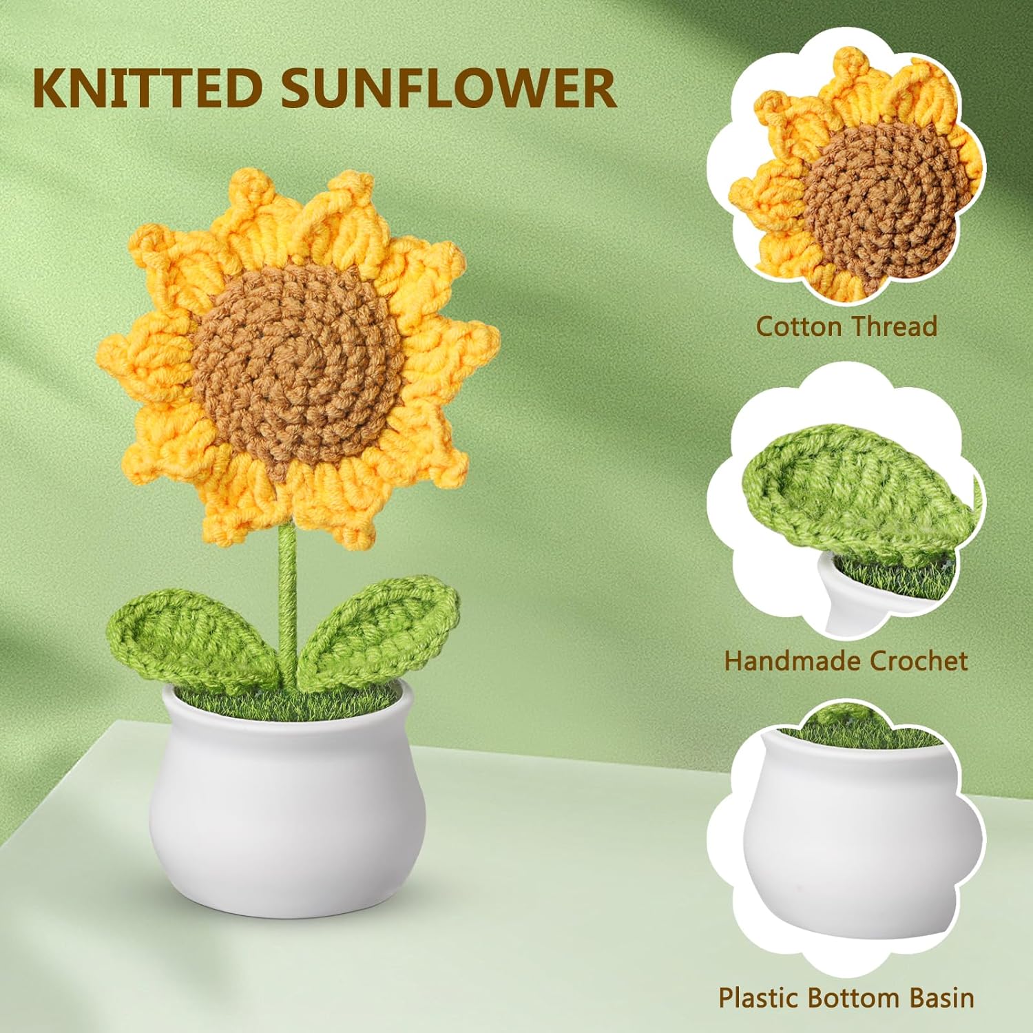 Crochet Flowers - Artificial Sunflower Giifts for Women - Handmade Knitted Flower for Car Dashboard Decor - Office Desk Home Decoration - Funny Gifts on Birthday Christmas - Image 3