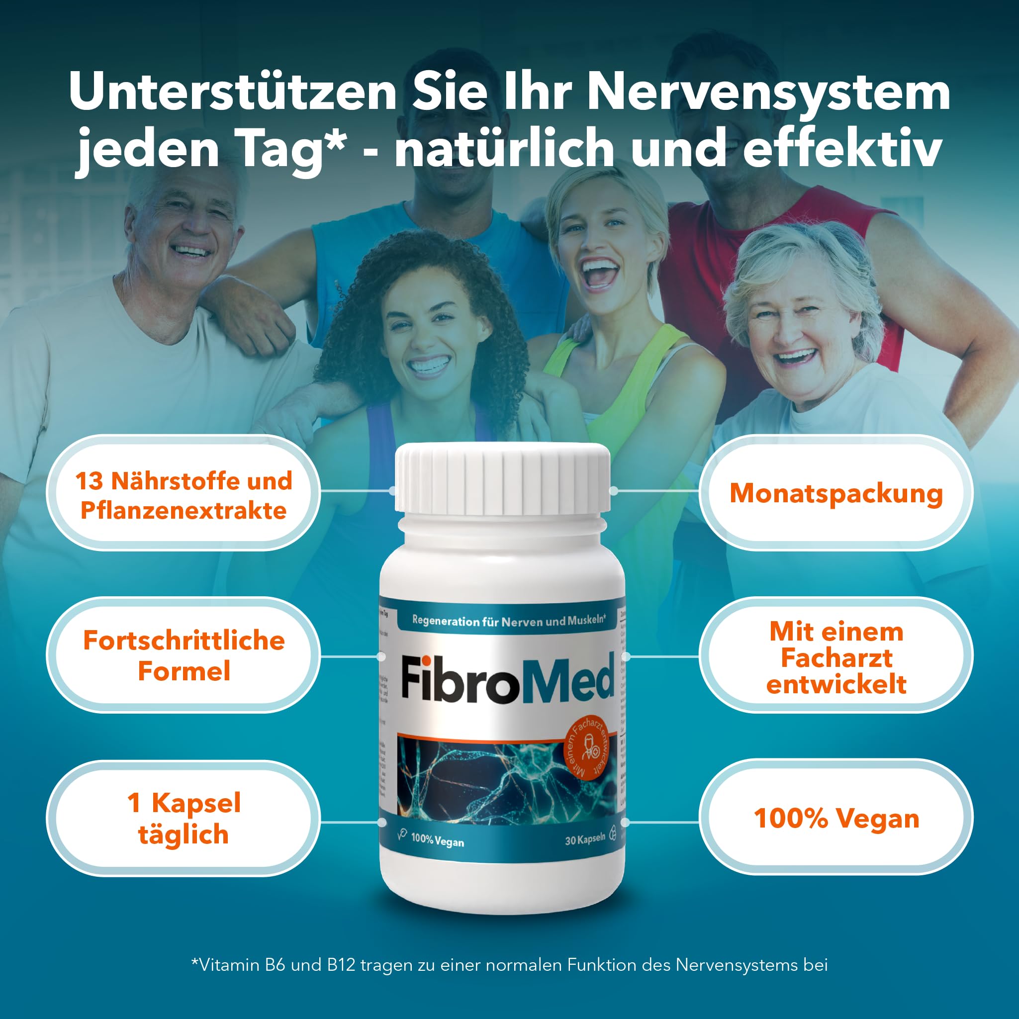 mit Vitamin B6, B12, Folsäure, Vitamin D3, Omega-3 & Pflanzenextrakten – unterstützt Nerven, Muskeln & Energiestoffwechsel – vegan, laborgeprüft & in Deutschland produziert – 30 Kapseln*