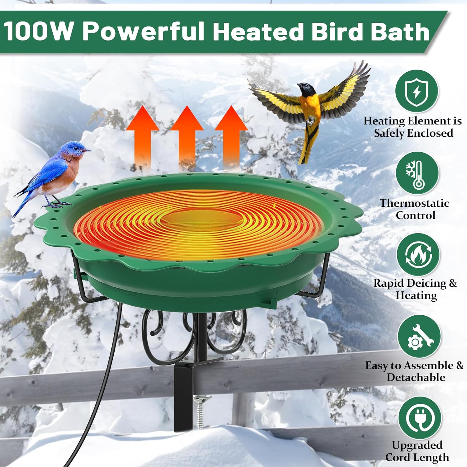Heated Bird Baths for Outdoors, 100W Heated Bird Bath for Deck Railing, Heated Birdbath with Thermostat Control, Heated Bird Bath for Outside Winter Garden Patio Yard (Green)
