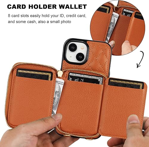 Miniatura 4 de Bocasal Funda tipo cartera cruzada para iPhone 15, con bloqueo RFID, de piel sintética, con cremallera, funda tipo cartera con función atril y
