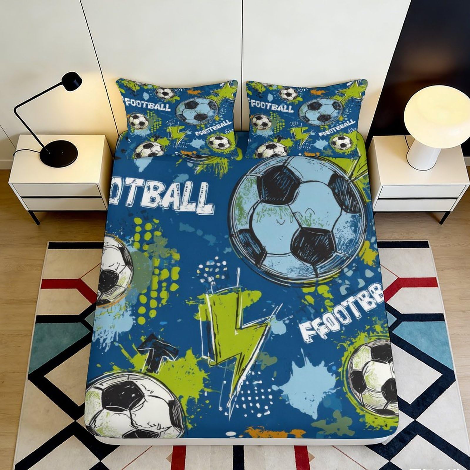 Pnayamiorkfel Style-9 3D Printed Football Lightning Fitted Sheet Microfiber Blue Soccer Bed Cover For Bedroom Guest Room Decor Easy Care 90X200x25cm