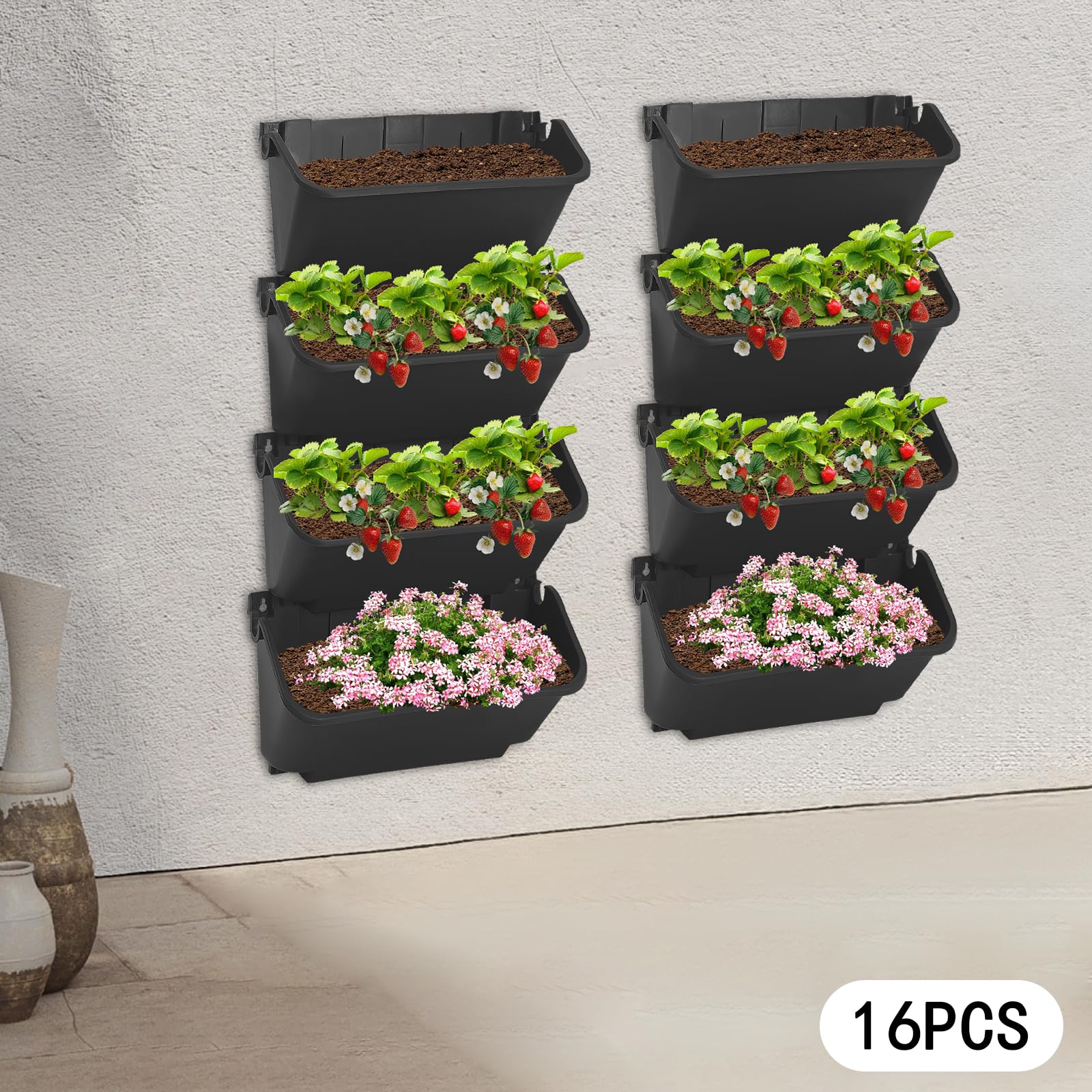 Wandblumentopf Set 16-teilig, Blumentopf Pflanzen Wandhalterung(Schwarz)