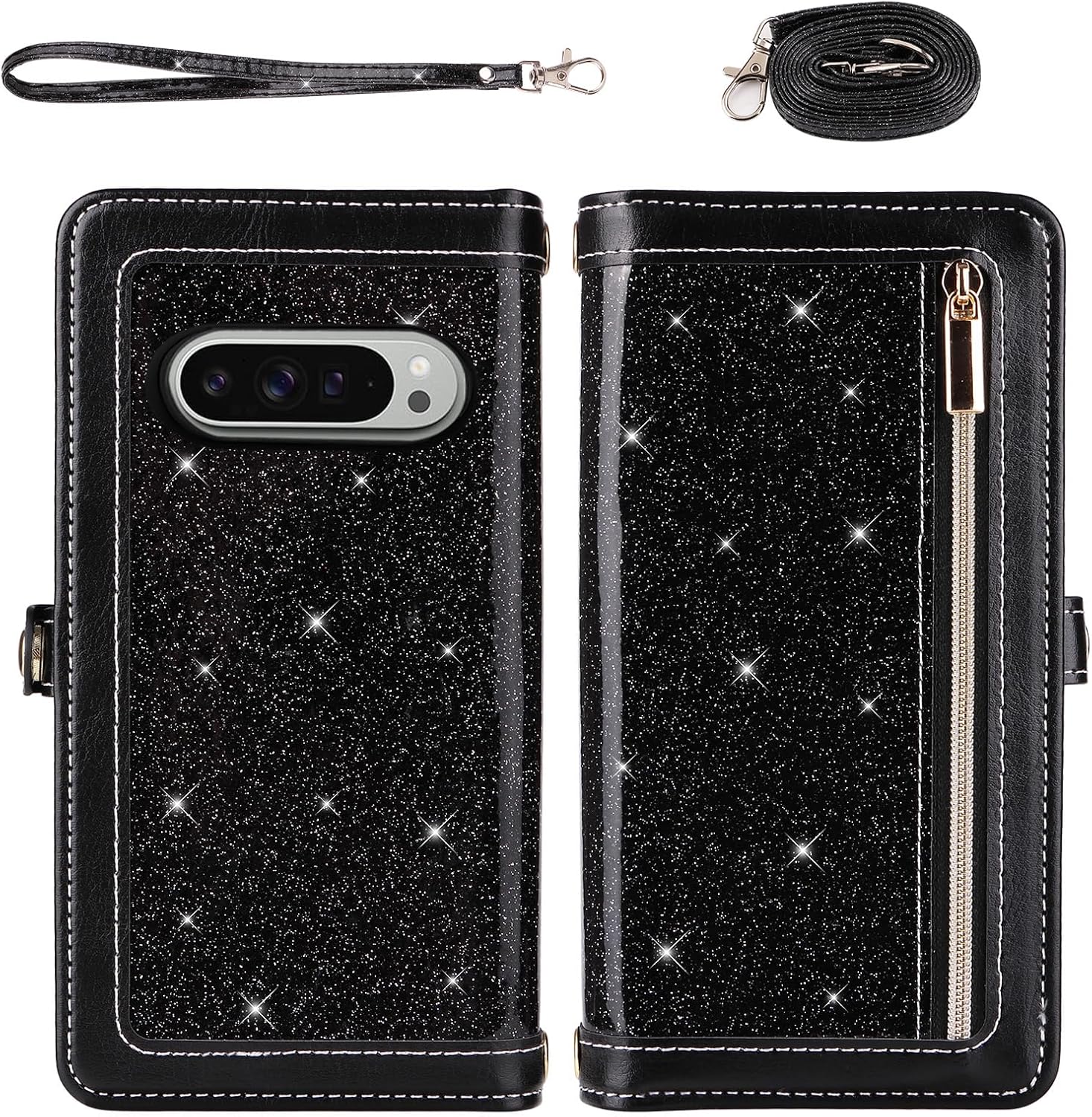 Asuwish Phone Case for Google Pixel 9 Pro XL Zipper Wallet Detachable Cell Cover with Screen Protector Lanyard Strap Bling Glitter Flip Card Holder Slot Pixel9 9Pro 9ProXL Nine Women Men Girls Black