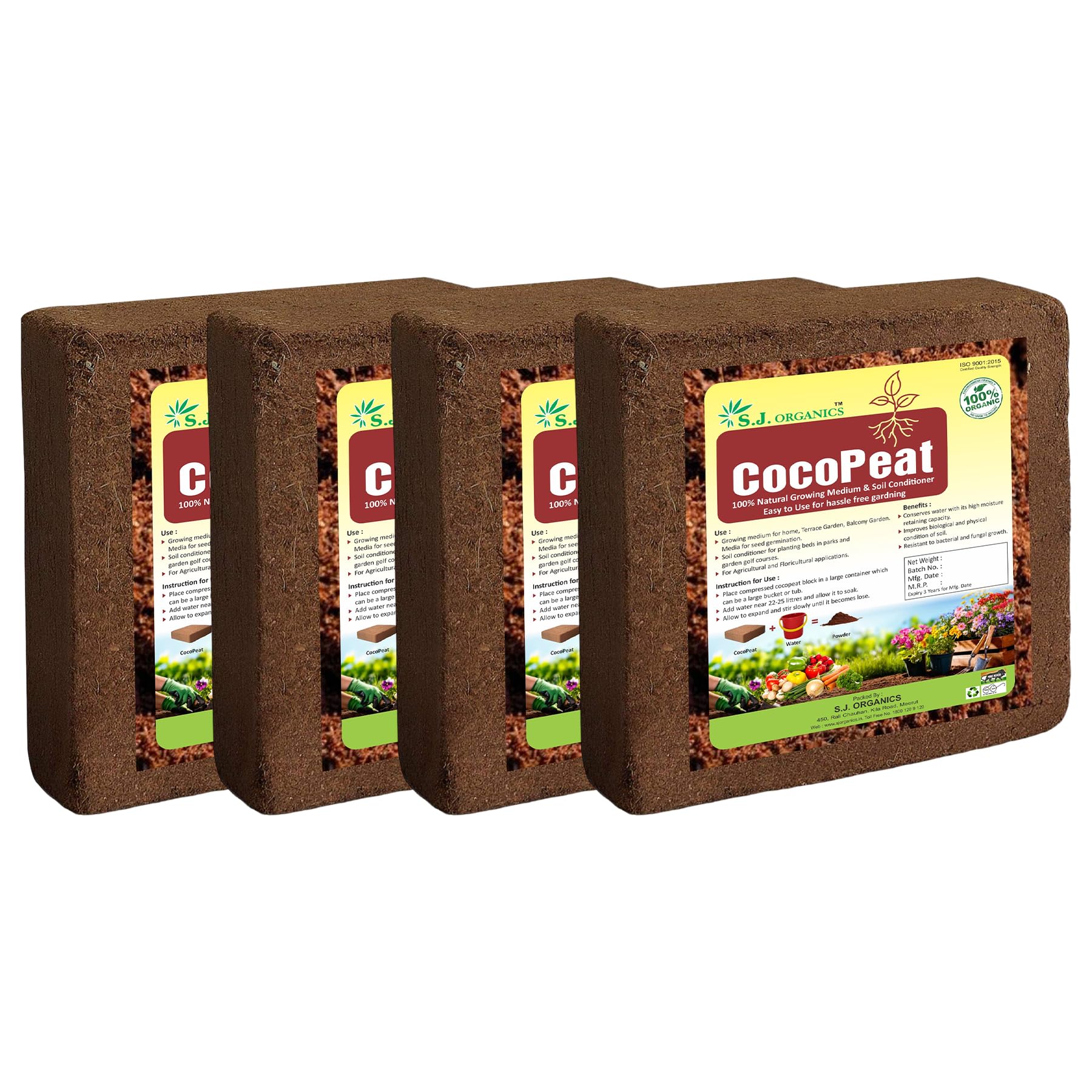 SJ Organics - Cocopeat Block 20 Kg | Natural Coconut Coir Fibres | Organic Fertilizer for Home Gardening and Potted Plants (Pack of 4, 20 kg)