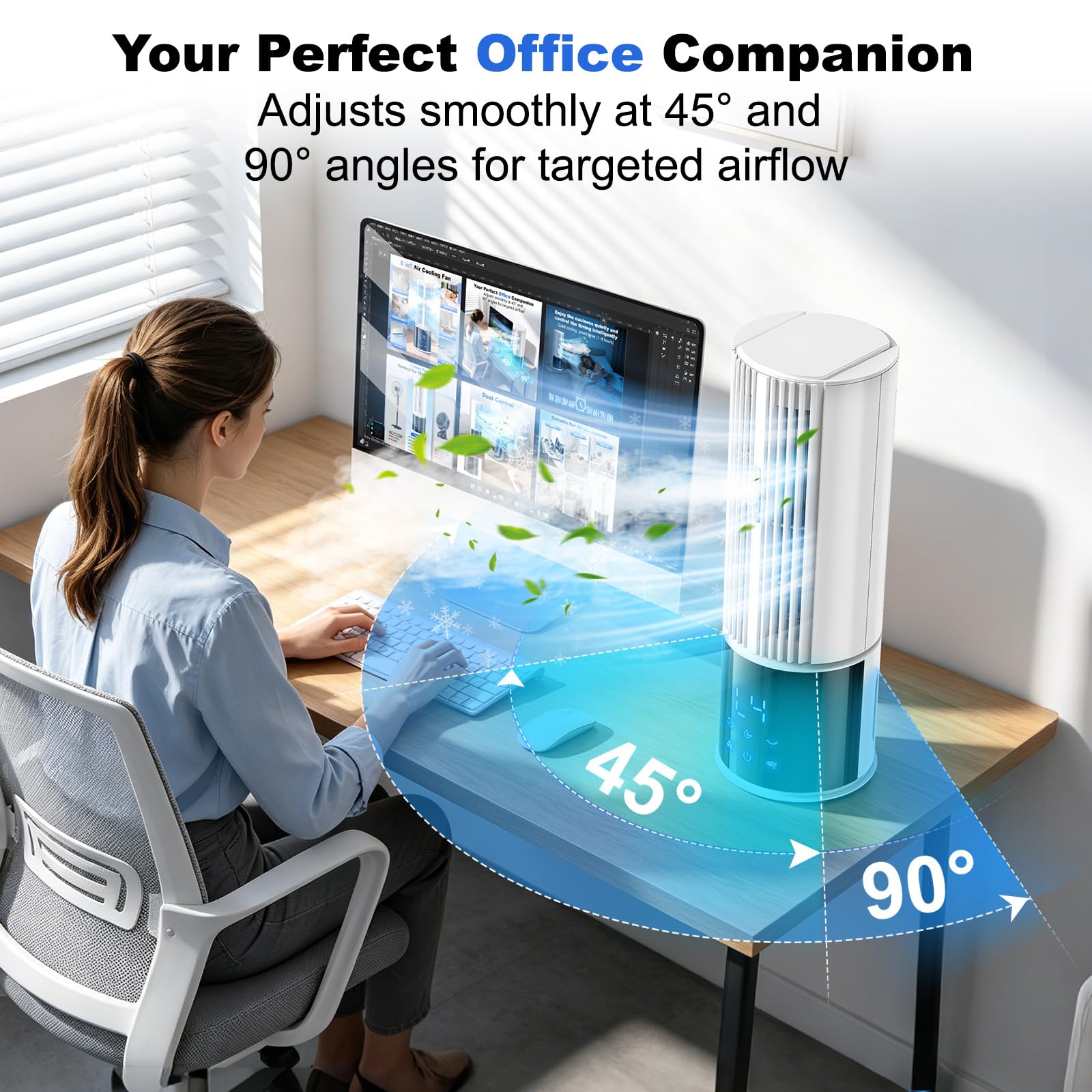 Climatiseur mobile 6en1, refroidisseur d'air avec 3 vitesses, mode turbo, soufflerie douce, fonction brume et minuterie (1-8 h), oscillation 45°/90°, parfait pour la maison et le bureau (Blanc clair)