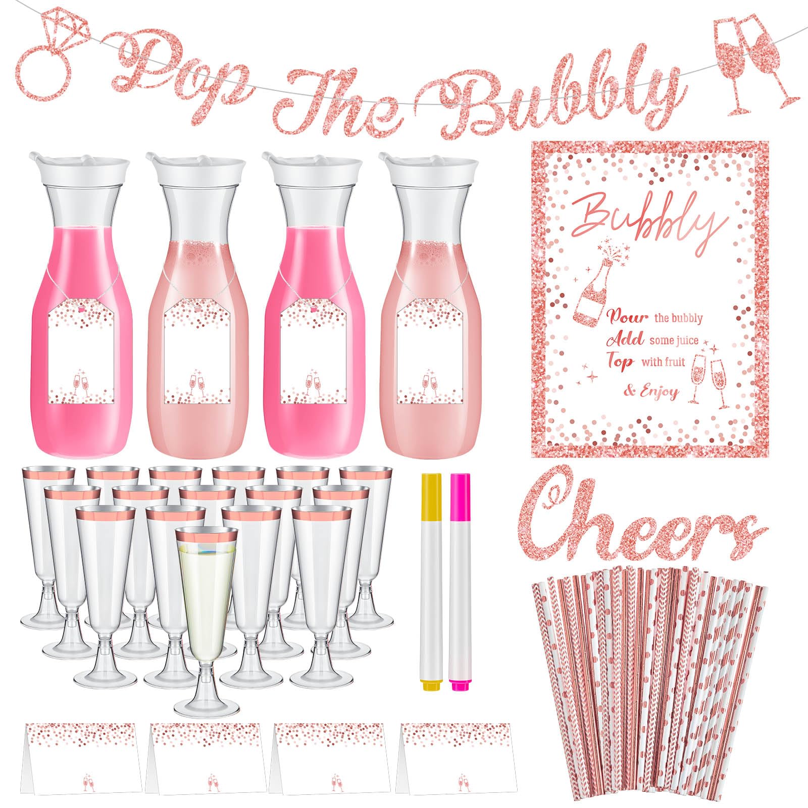 Sunnychicc 99 Pcs Mimosa Party Kit with 34 oz Juice Carafes with Lids, Plastic Champagne Flutes, Banner, Table Cards & Straws, Rose Gold Bridal Shower