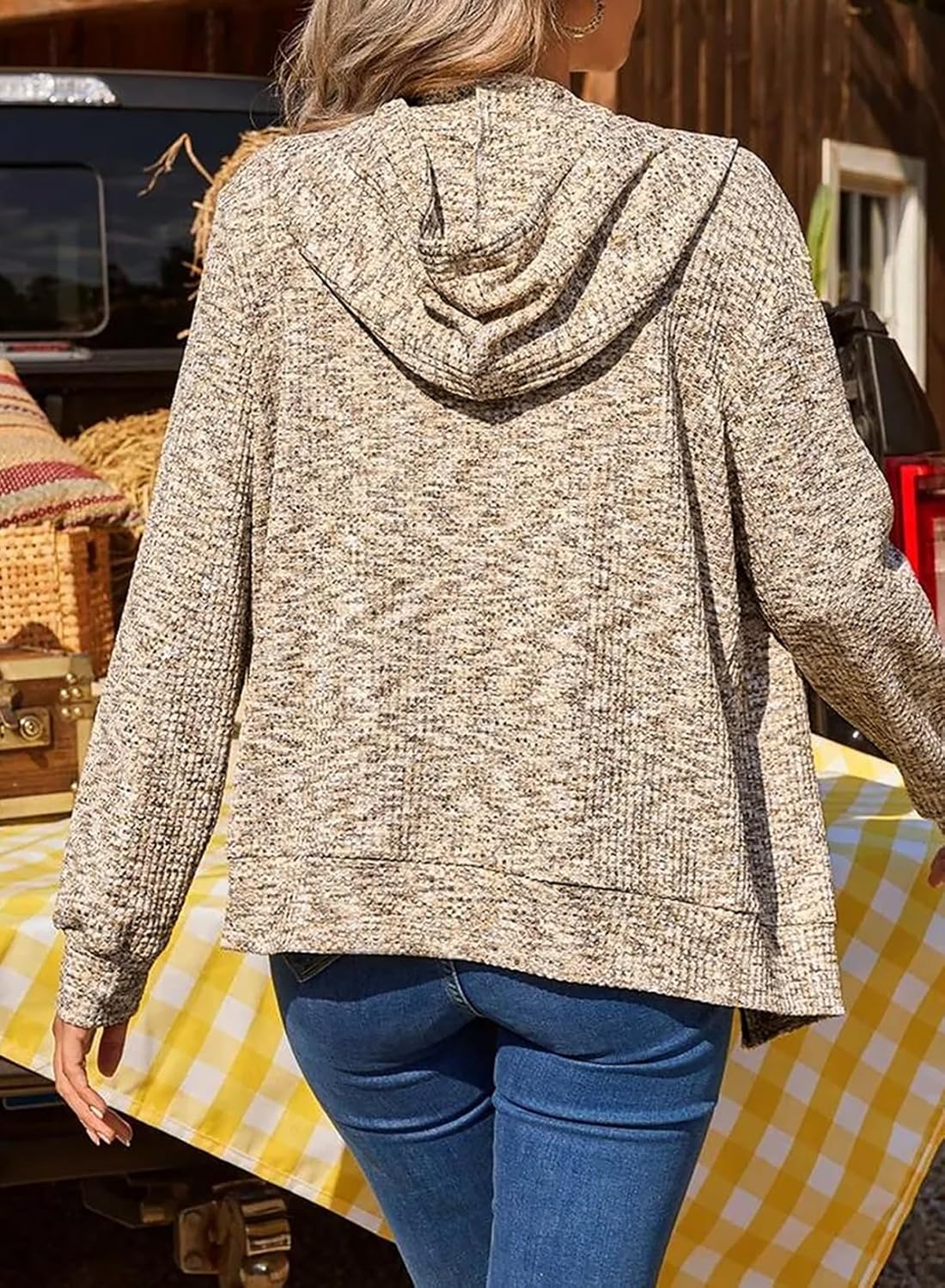 SHEWIN 2025 Fall Hoodies Waffle Knit Zip Up Sweatshirt Comfy Loose Fit Shakcet - Image 2