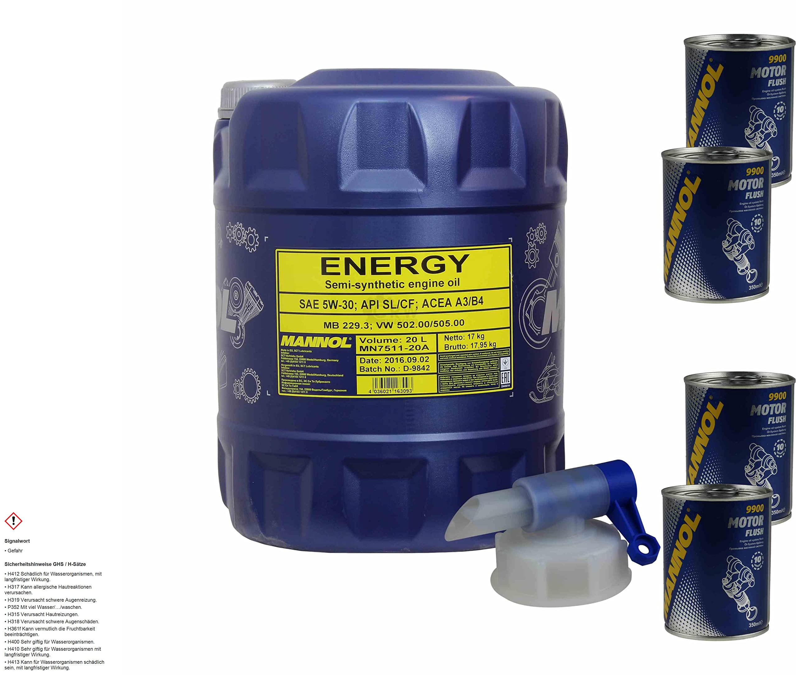 20L Olio Motore MANNOL Energy 5W-30 4x Motor Flush ADDITIV