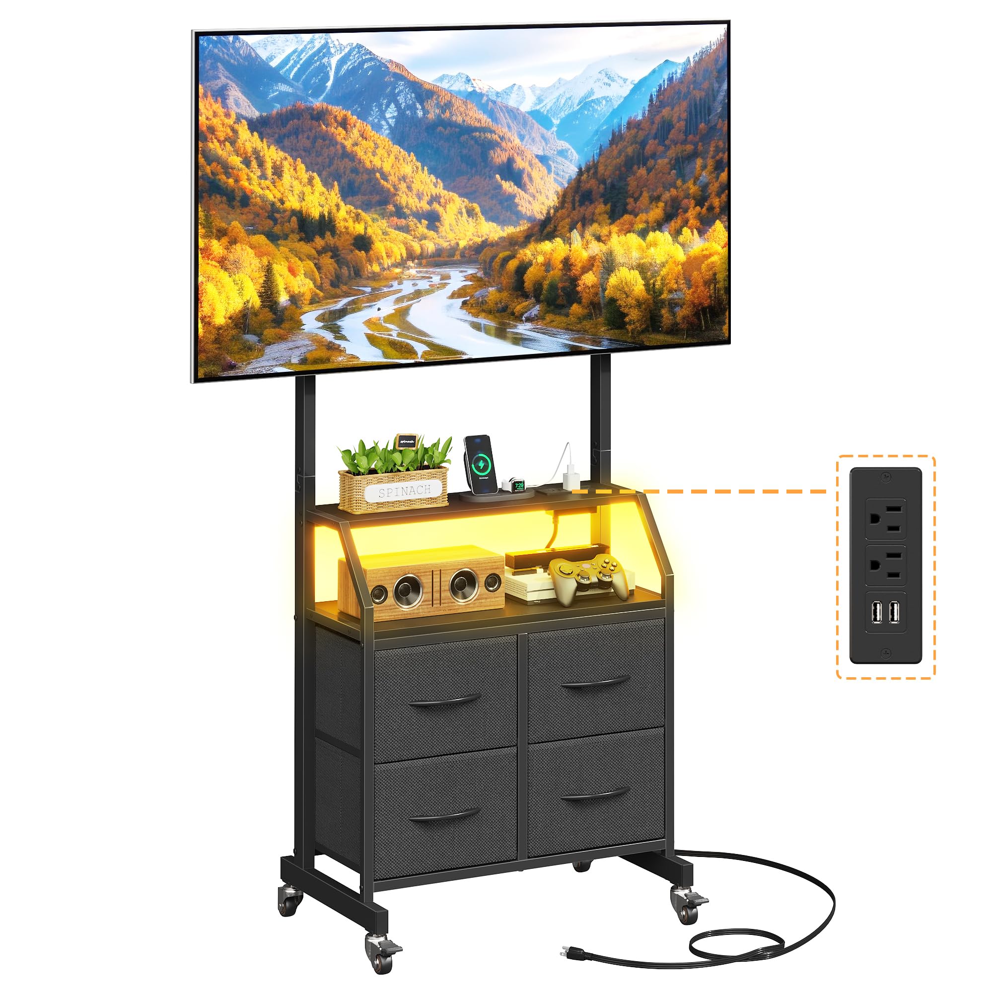 OYRREU LED Light TV Stand on Wheels with Mount and Power Outlets, Rolling TV Stand Adjustable Height & 4 Drawer Storage,Black - 2