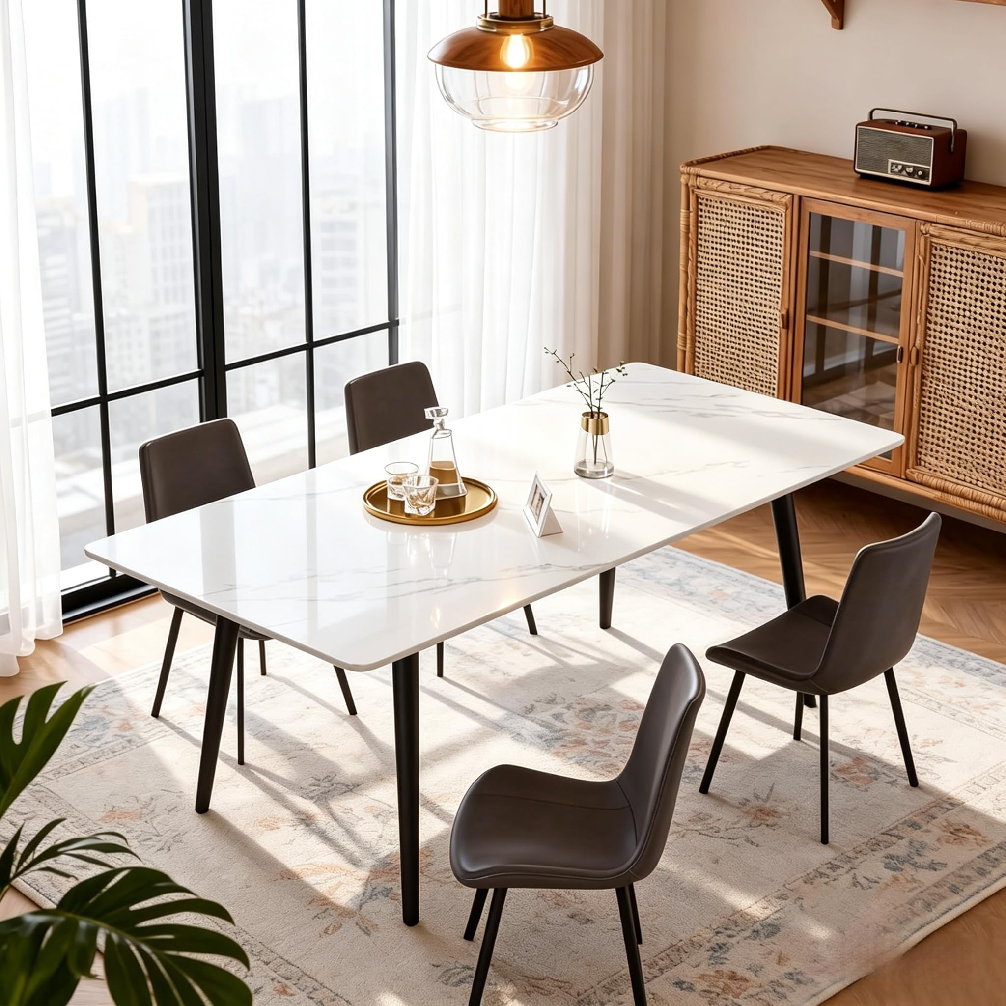 Mesa de comedor moderna de mármol de 120 cm, parte superior de piedra sinterizada y patas de acero al carbono, diseño Ele para cocina y comedor, piel de hogar y fácil de limpiar