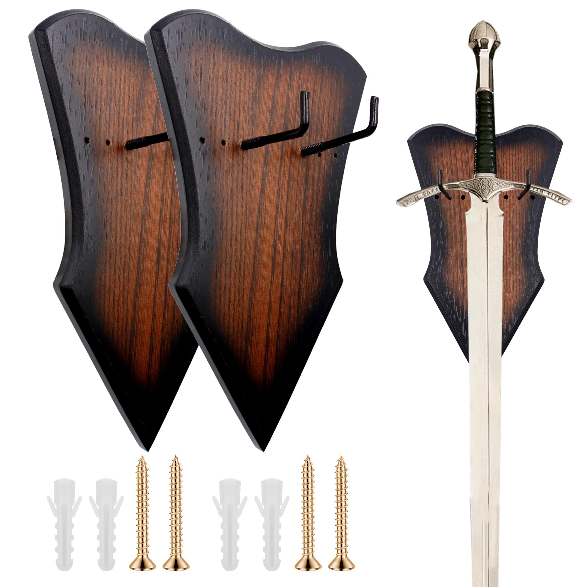 Roucerlin 2 Pieces Adjustable Vertical Sword Wall Mount with Hardware, Medieval Retro Sword Display Stand Hanger, Multifunctional Solid Wood Axe Wall Mount for Bow Weapons Dagger, Brown
