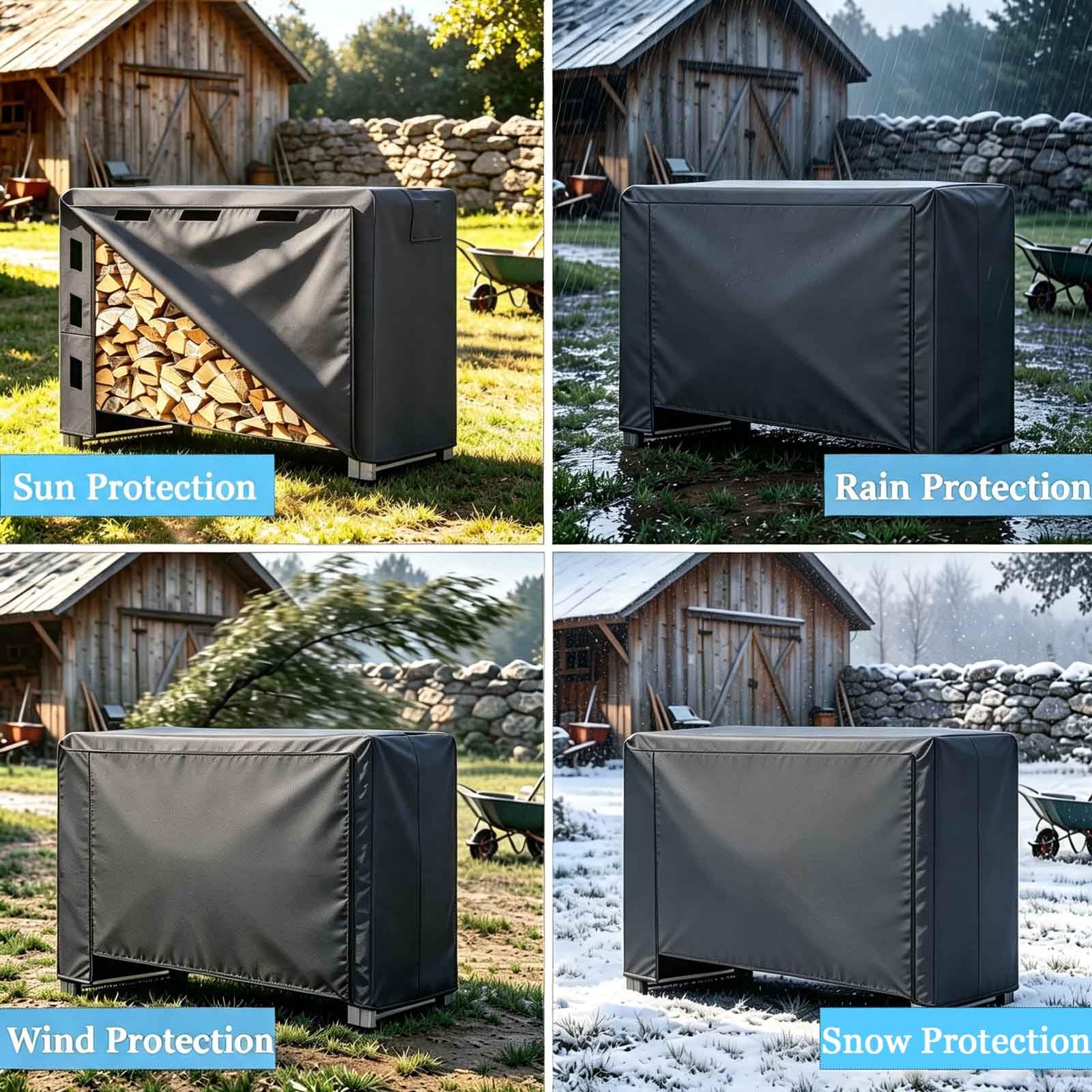 Copertura Impermeabile per Porta-Legna da 600D con Cordoncino e Borsa per riporla - Copertura per Porta-Legna da Esterno da 4/5/6/8/10/12 FT (Porta-Legna Non Incluso),Grigio,244x61x122cm
