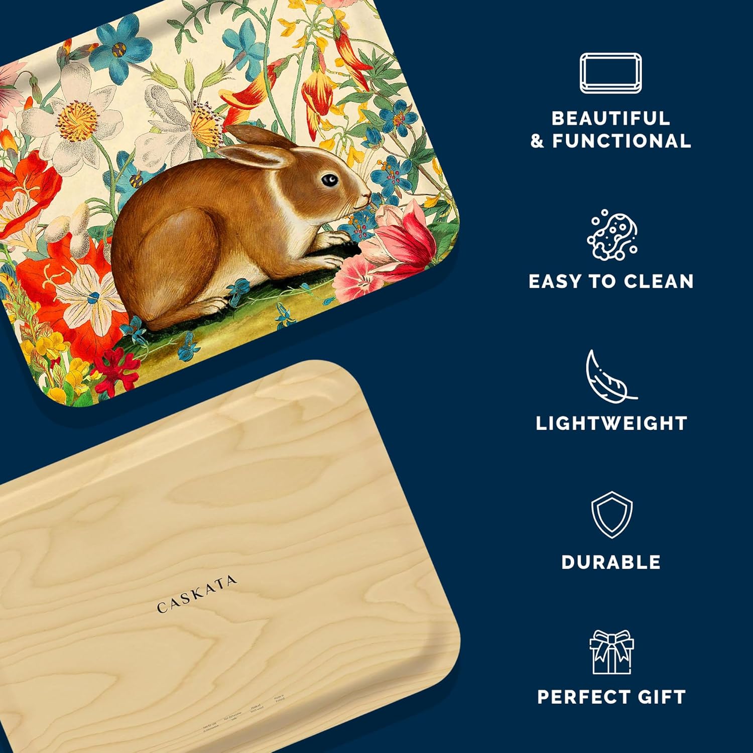 Caskata Bunny Maximus Large Rectangular Birchwood Tray | Birchwood and Wipeable Melamine | Perfect for Home, Entertaining, Gifts | Multicolor, 16.5W X 12.5L