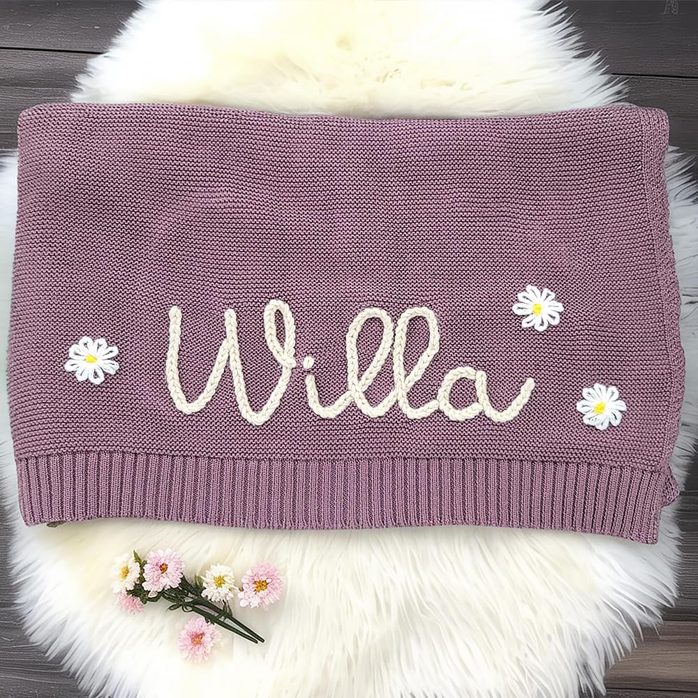 Personalized Knit Hand Embroidered Baby Name Blanket Custom Embroidery Cotton Nursery Blanket Gifts for Newborn Baby Boy and Girl Newborn Holiday Shower Gift Cotton Knit Stroller
