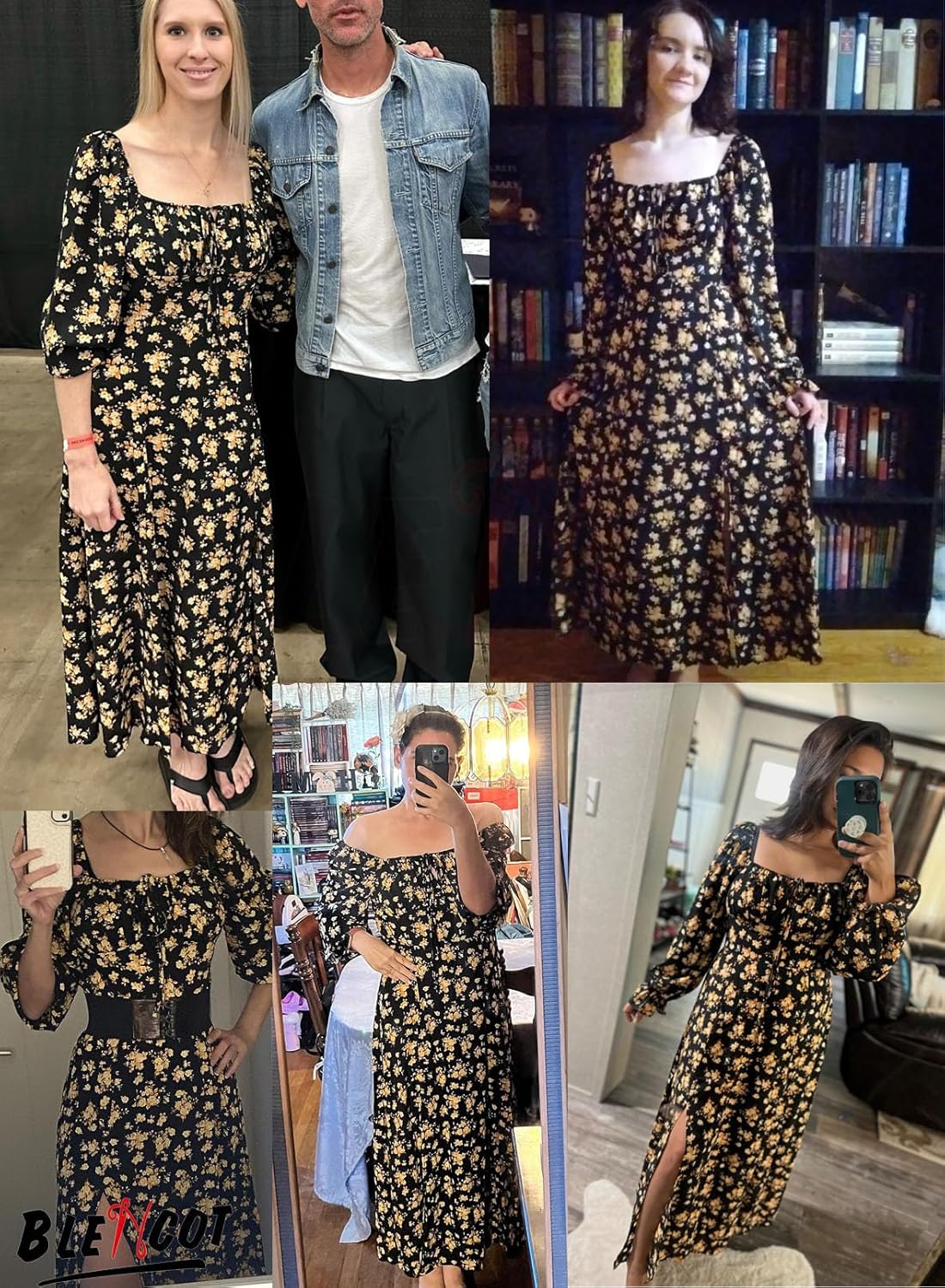 BLENCOT Womens Casual Square Neck Long Sleeve Boho Floral Midi Dress Print Side Split Dresses - Image 8