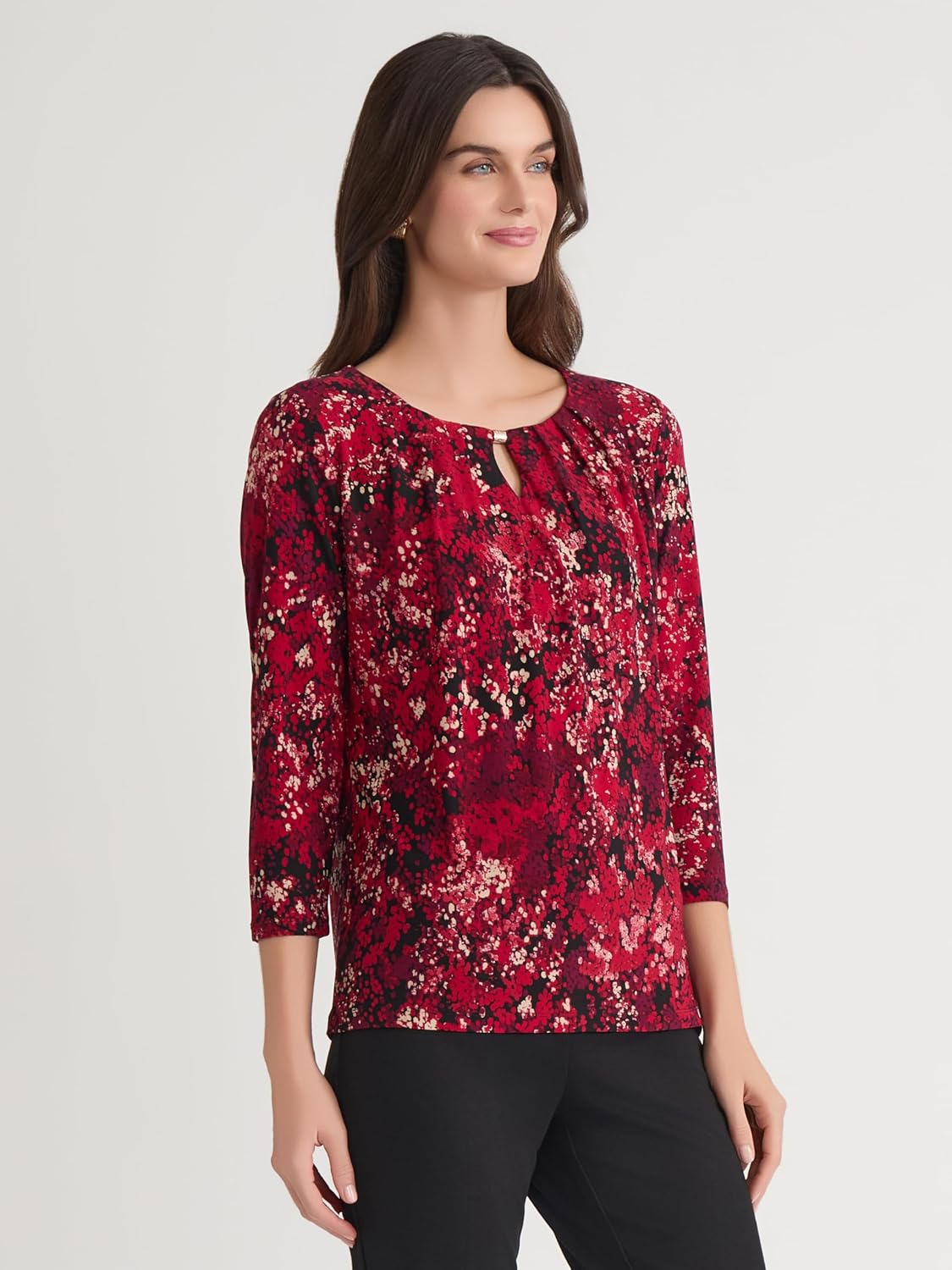 Kasper Womens 3/4 Sleeve Pleat Neck Jersey Top - Image 2