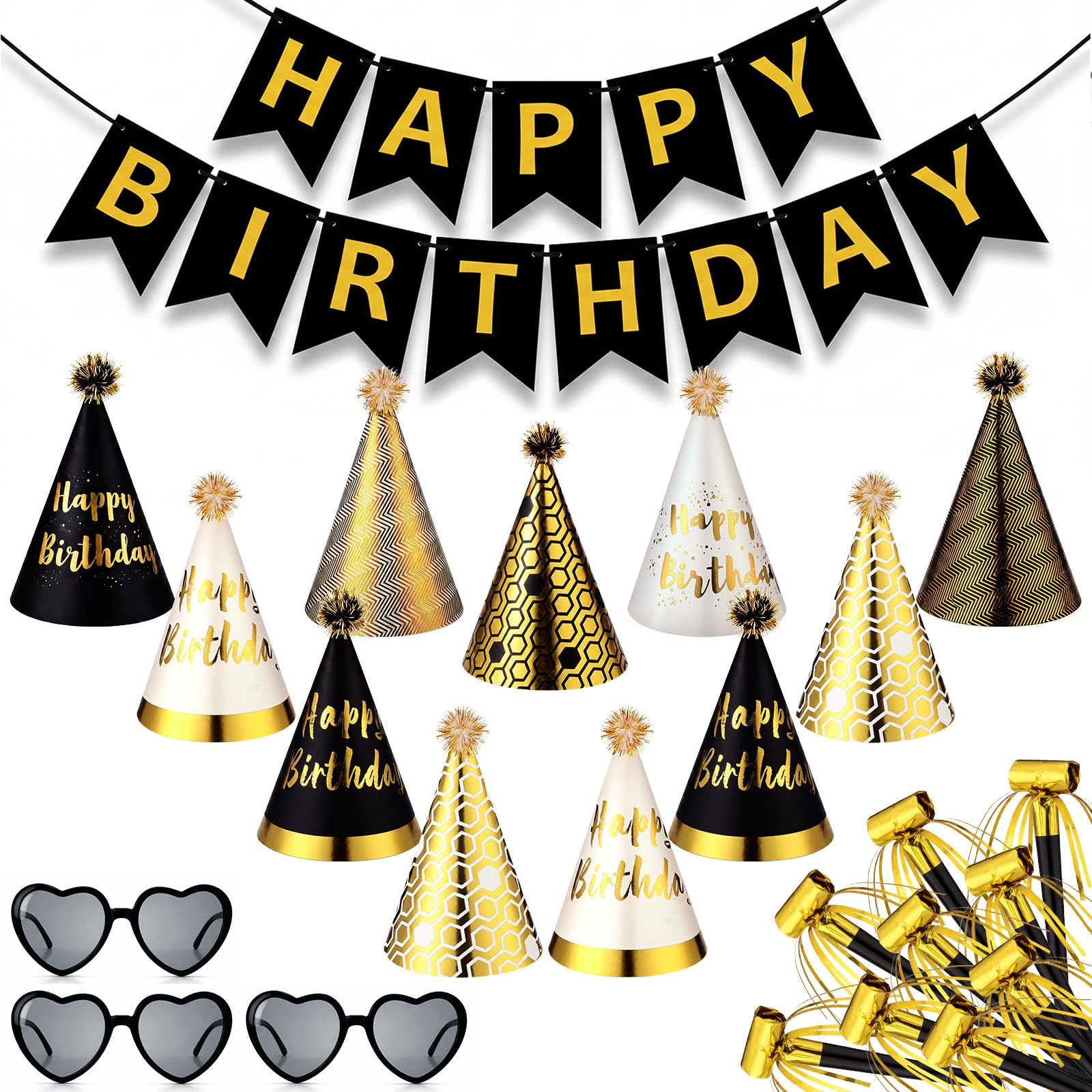 Photo 1 of *** CHECK COMMENTS***    Patelai 25 Pcs Black and Gold Birthday Party Set: 1 black and gold Banner, 3 Glasses, 10 Whistles, 11 Cone Hats for Birthday Party Decoration