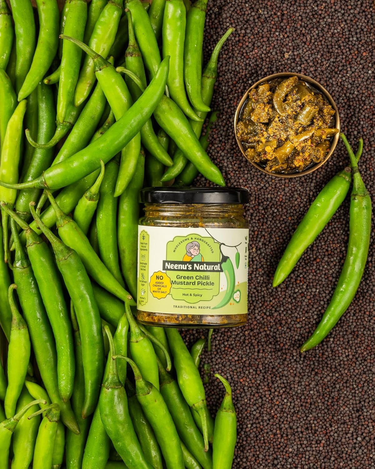 Neenu's Natural Green Chilli Pickle - 200gm ( Pack Of 2) | Homemade Spicy Hari Mirch Ka Achar | Authentic North Indian Style Chilli Pickle with Less Oil (Mustard) | Handcrafted in Small Batches | No Preservatives - Image 4 thumbnail