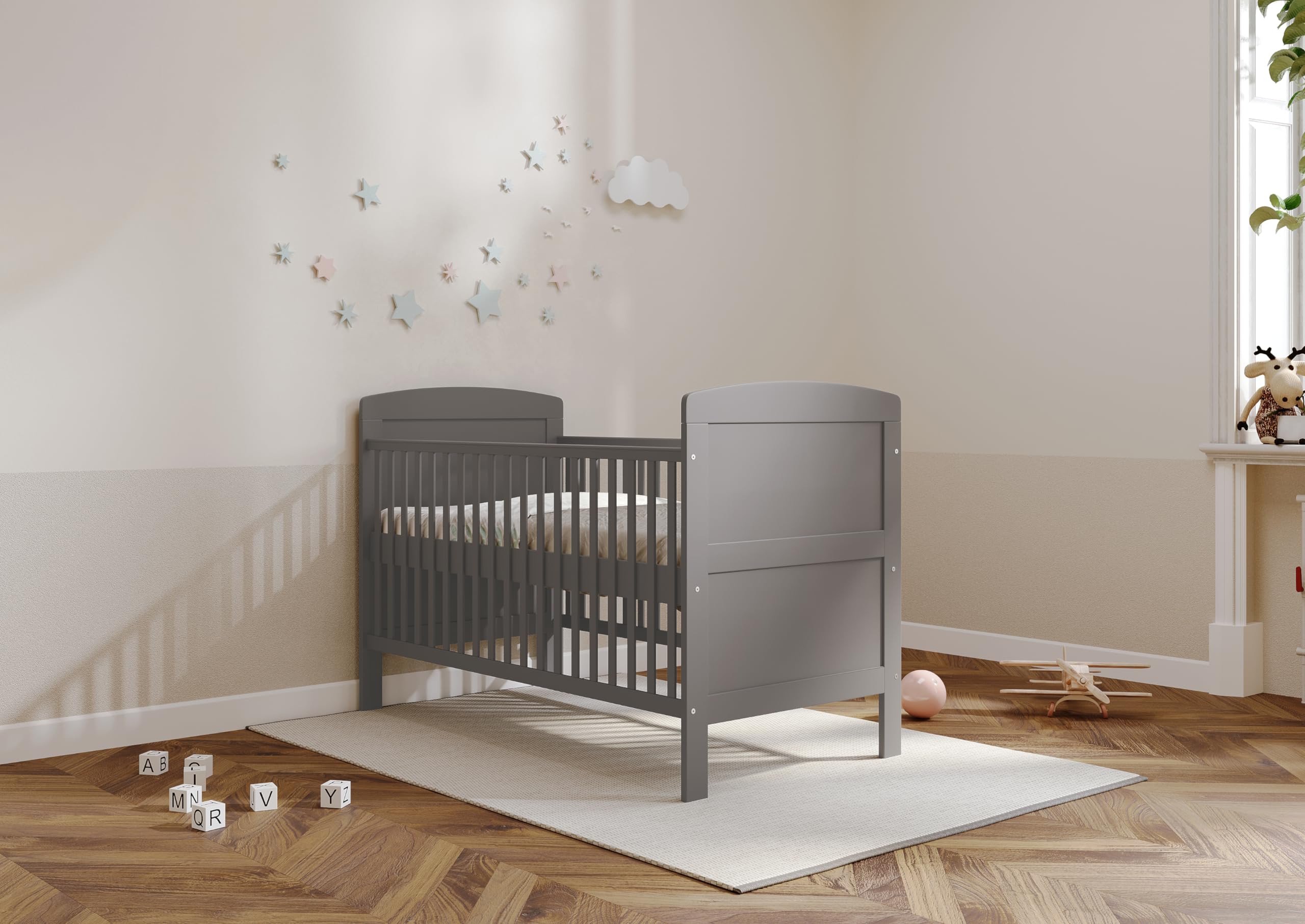 Viculii REGGIE Baby Cot Bed with Mattress 140x70x10cm | 3 in 1 Large Grey Cot Bed Converts to Toddler Bed Junior Bed