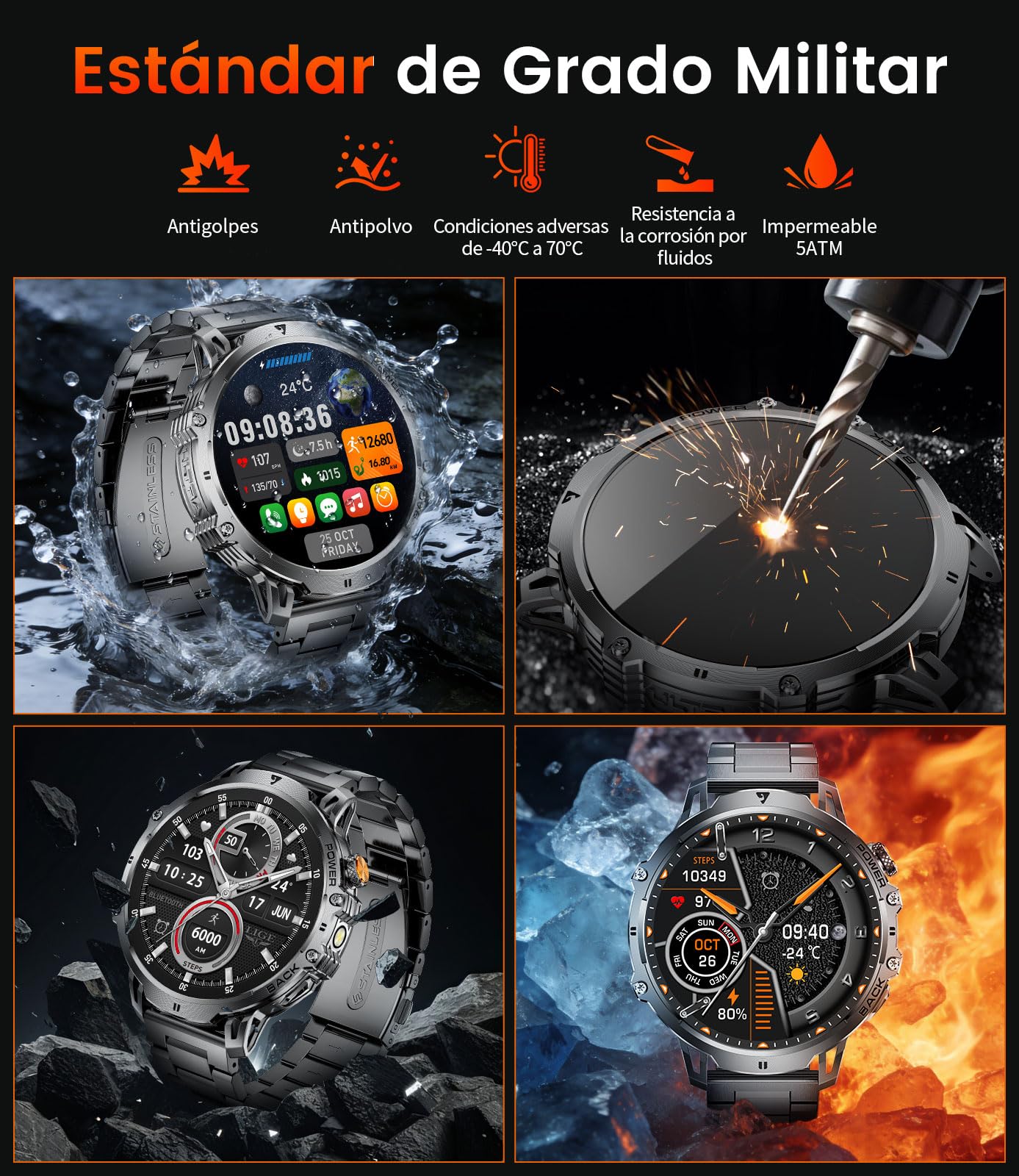 2026 Reloj Inteligente Hombre Militar-1000 mAh/1.85'' HD Pantalla,IP68 Impermeable Smartwatch con Lámp LED,130+ Modos Deportivos,Reloj de Fitness con Monitor de Frecuencia Cardíaca/Sueño,iOS Android