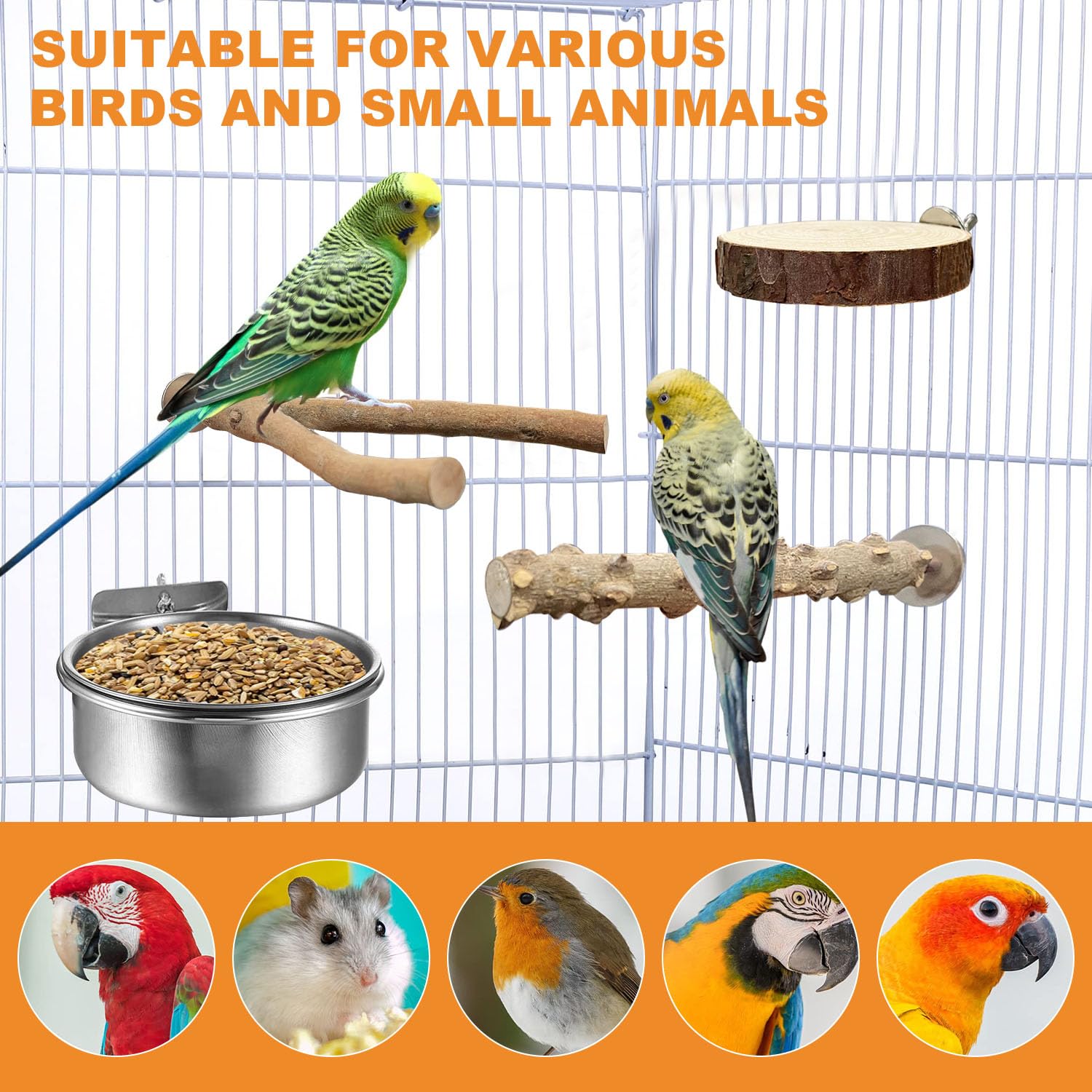 Lot de 4 perchoirs naturels pour oiseaux, perchoirs pour perruches, avec 2 mangeoires, accessoires de cage à oiseaux, pour perroquets, calopsittes, canaris