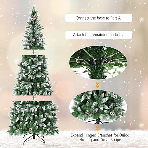 Miniatura 4 de DREAMADE Árbol de Navidad artificial de 7.5 pies, árbol de Navidad delgado flocado de nieve sin luz con 720 puntas de ramas de PVC, 39 conos de