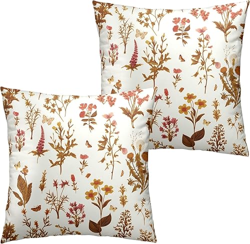 Juego de 2 fundas de almohada florales otoñales de 18 x 18 pulgadas, diseño botánico, fundas de almohada cuadradas de algodón para sofá, decoración