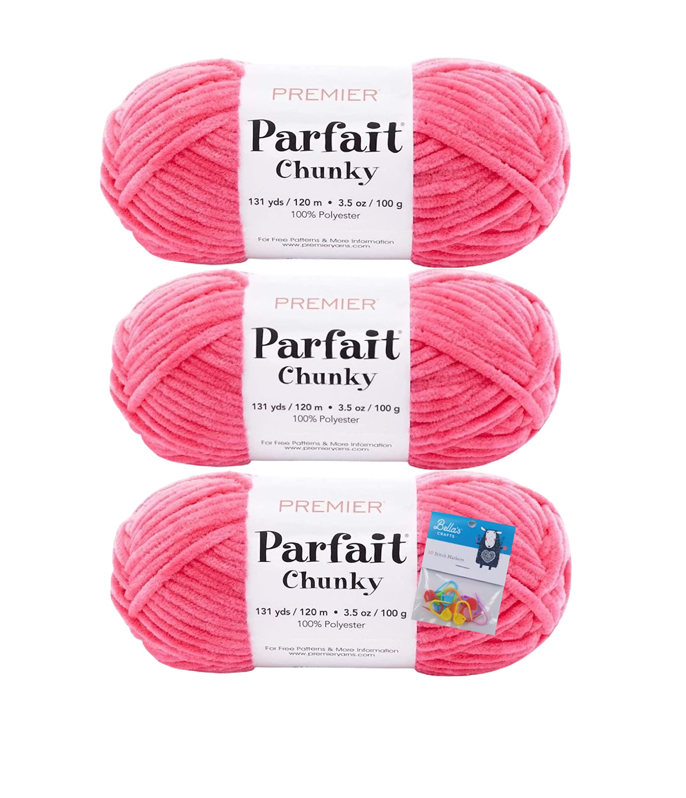 Premier Yarns Parfait Chunky Chenille Yarn 3.5 Oz 6 Super Bulky Weight 3 Pack Bundle with Bella's Stitch Place Holders (Hibiscus)