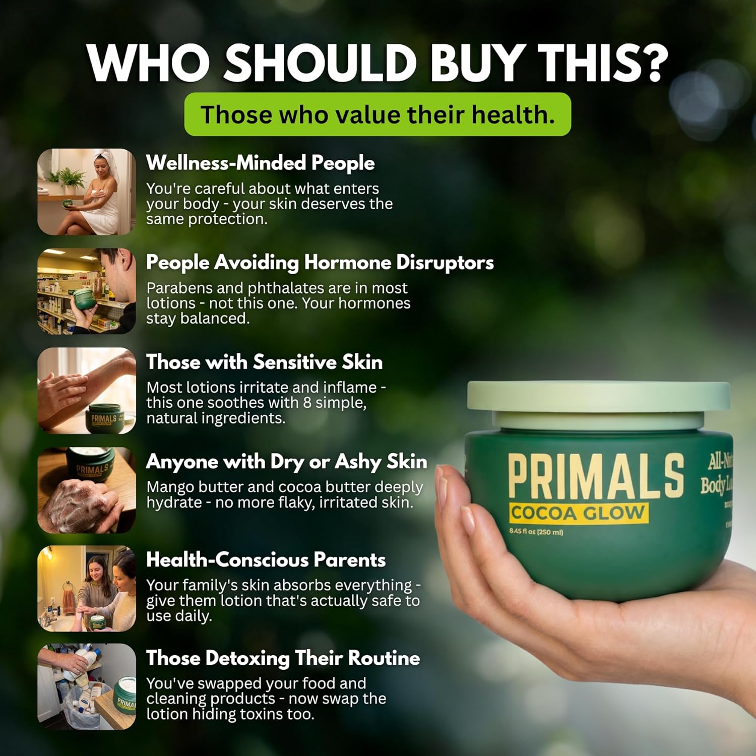 PRIMALS All Natural Body Lotion - Cocoa Butter & Mango Butter - 100% Naturally Derived Ingredients - Alcohol Free, Artificial Fragrance Free, Paraben Free, Petroleum Derivative Free - 8.45 oz - Image 6