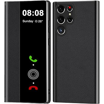 For Samsung Galaxy S23 Ultra 5G Case Clear View Flip Leather Case Luxury Shockproof Scratch-Resistant Slim Wallet Case Viewing Window Stand Premium Protective Cover Case for Samsung S23 Ultra