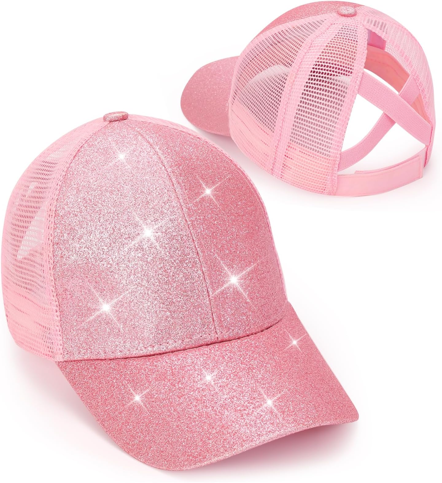 Girls Glitter Baseball Cap Kids Ponytail Hat Adjustable Summer Mesh Trucker Hats for 4-12 Years