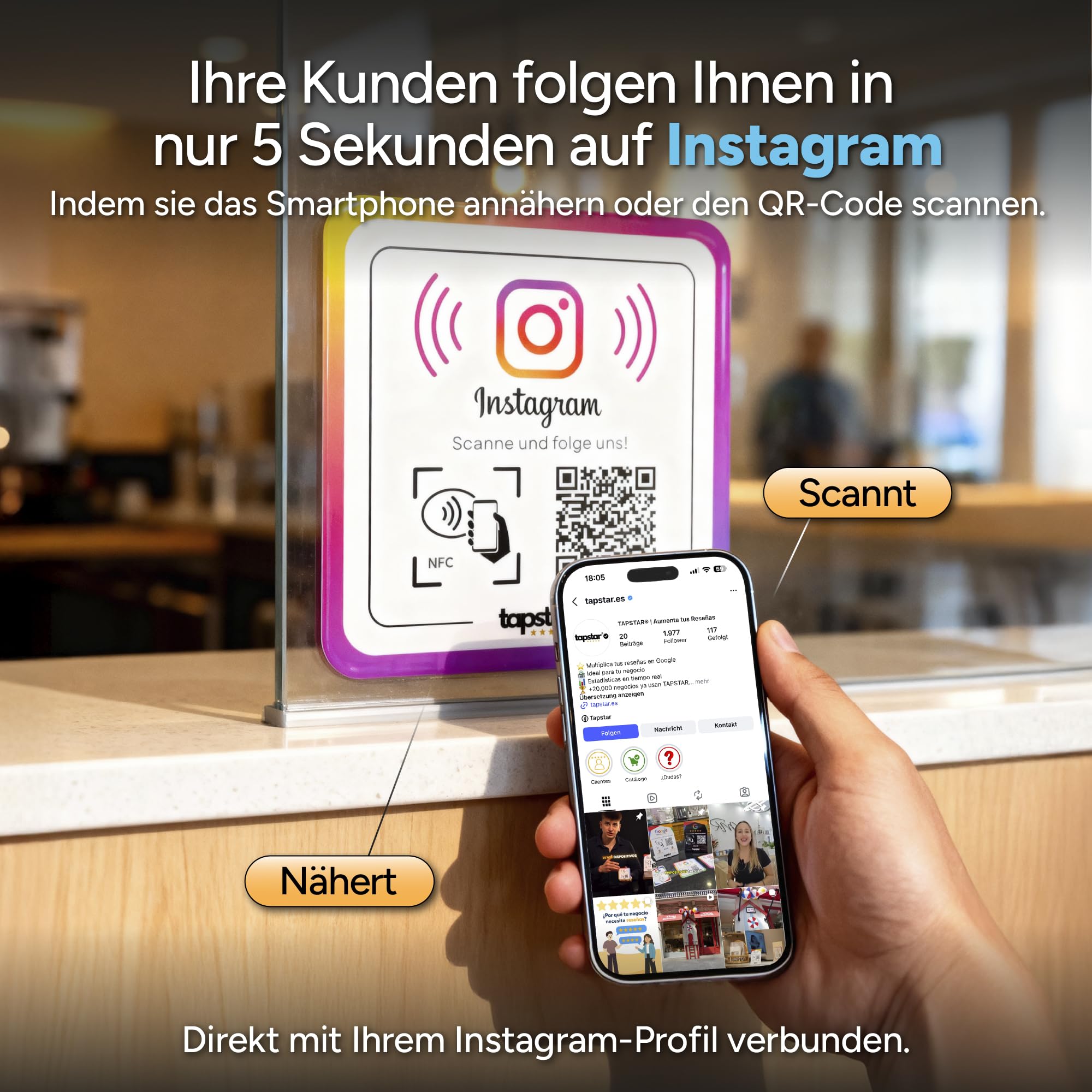Tapstar Instagram Aufsteller mit NFC & QR-Code – Acryl Bewertungsaufsteller für Follower – Kompatibel mit iPhone & Android