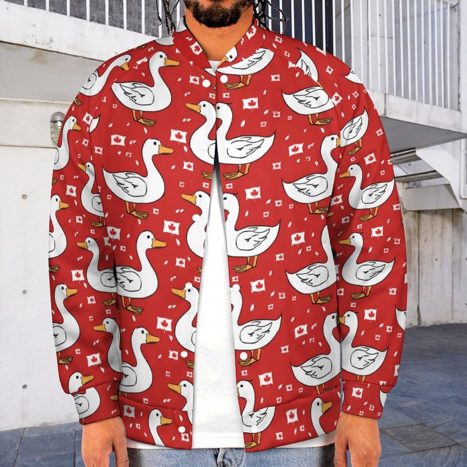Ducks Canada Flag Novelty Men's Baseball Jackets Causal Sweatshirt Button Top Long Sleeve Coat