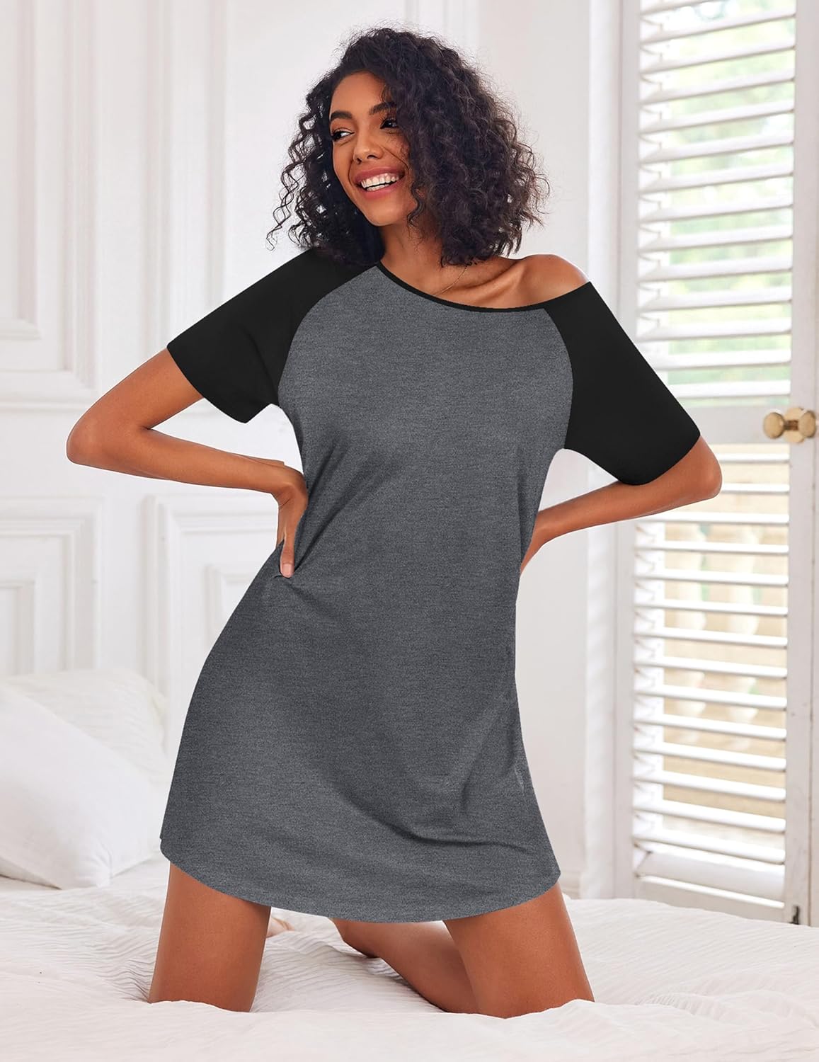 Ekouaer Nightgowns for Women Cotton Sleep Shirts Short Sleeve Nightshirt Crew Neck Night Gown Comfy Sleepwear Nightdress - Image 2